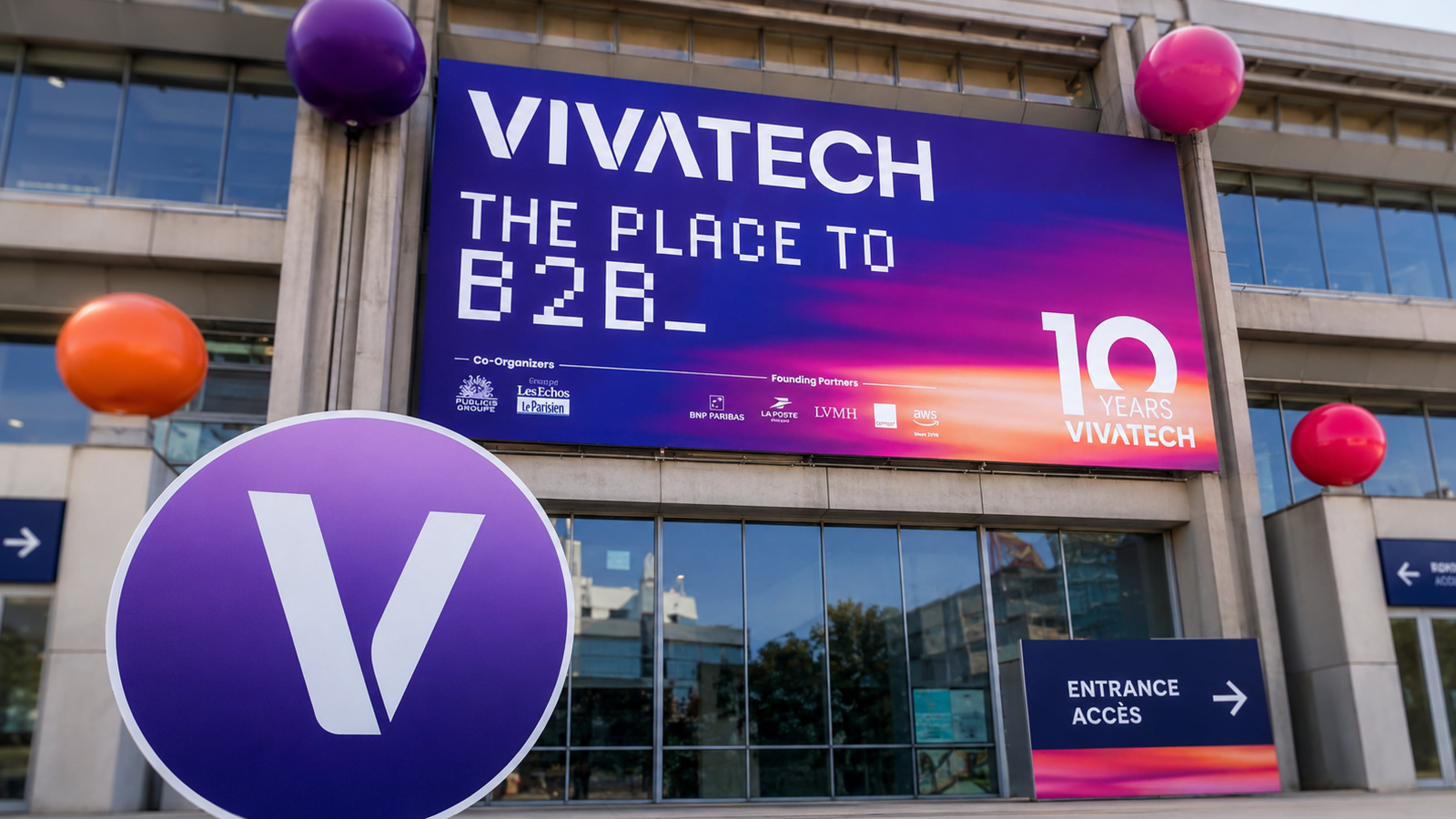 Main entrance of VivaTech 2026 in Paris featuring the official 10th-anniversary event branding, Europe’s largest technology and innovation conference.