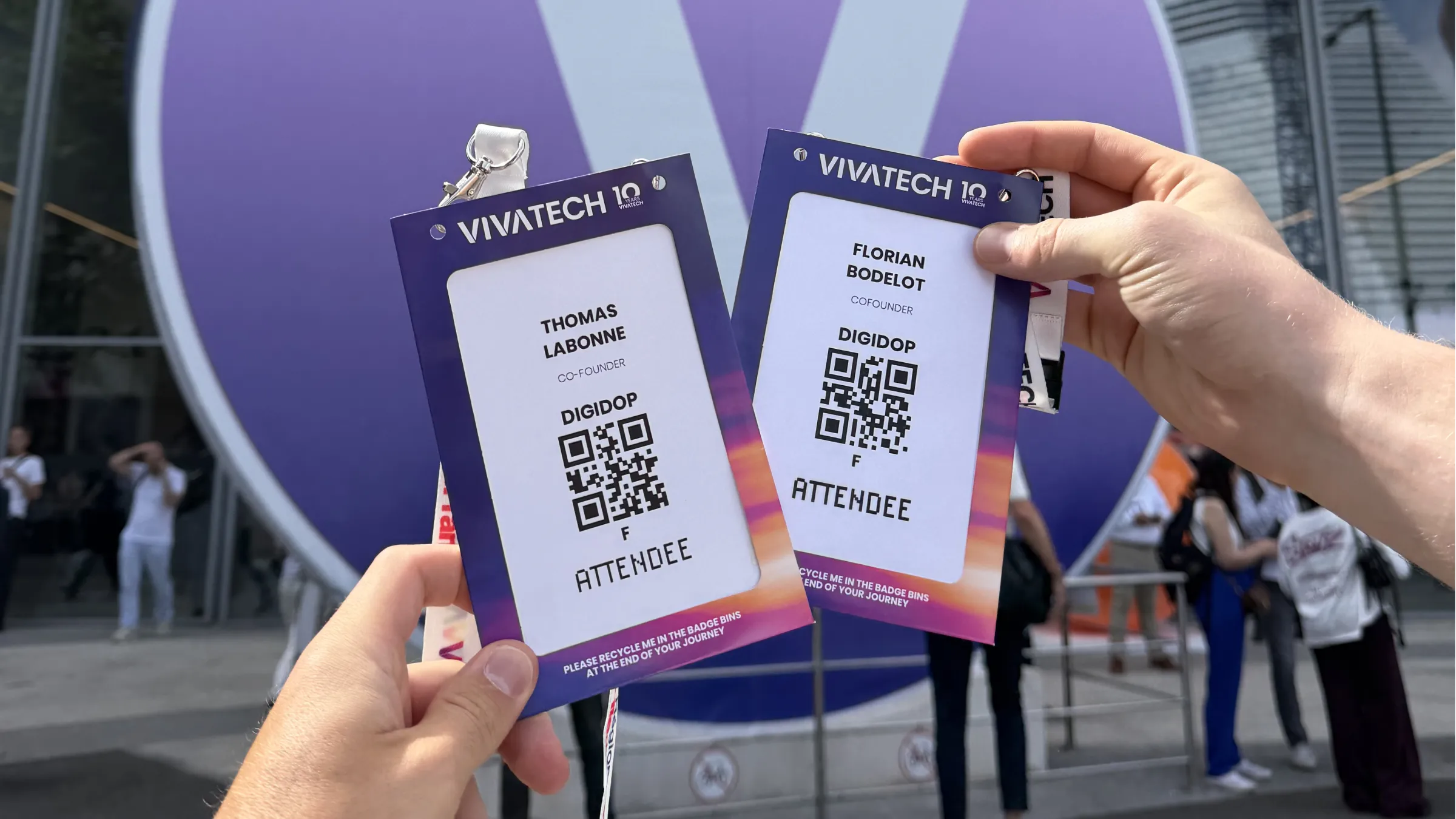 Photo of two VivaTech 2026 badges belonging to Florian Bodelot and Thomas Labonne.