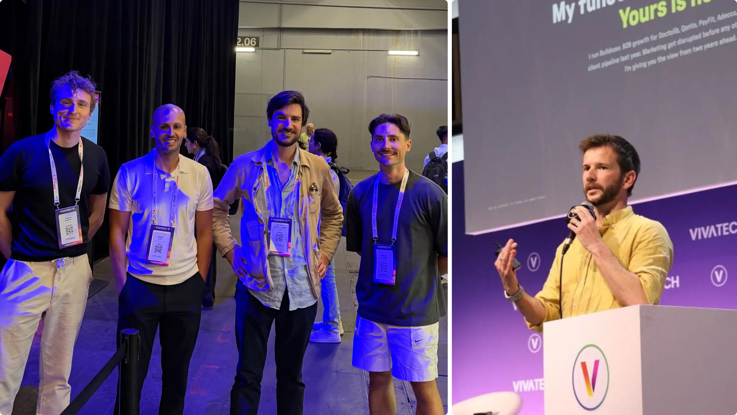 Photos of Matthieu Pouget-Abadie, Jérôme Zamy, Jordan Chenevier, Florian Bodelot, and Thomas Labonne at VivaTech 2026.