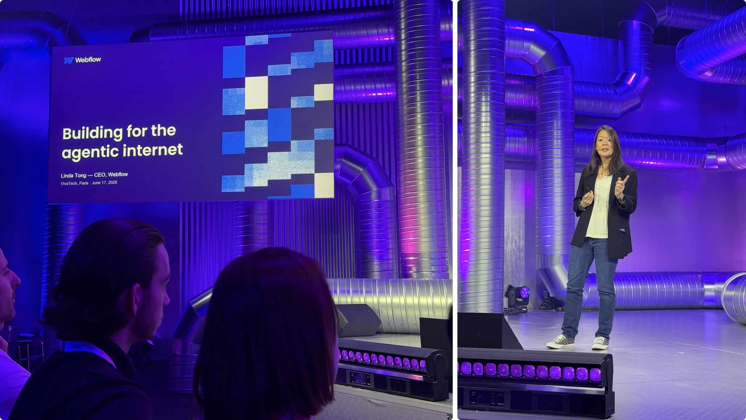Photo of Linda Tong, CEO of Webflow, speaking on stage at VivaTech 2026.