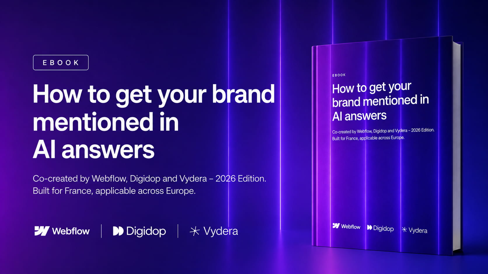 Cover of the ebook “How to Get Your Brand Mentioned in AI Answers,” a 2026 guide co-created by Webflow, Digidop, and Vydera on AI visibility across ChatGPT, Gemini, Perplexity, and AI search engines.