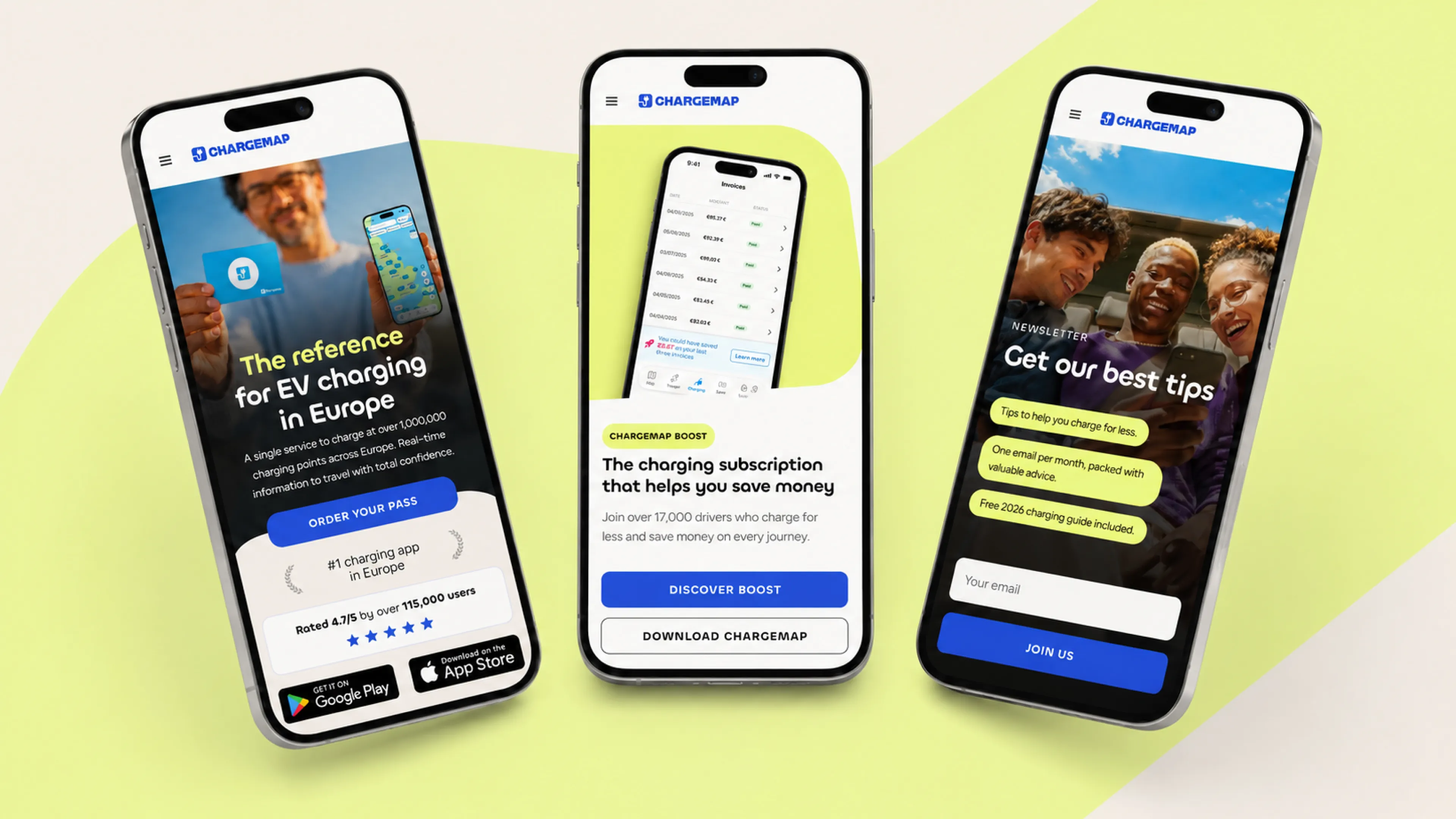 Responsive Webflow website for Chargemap Drivers displayed across mobile devices, highlighting the multilingual user experience and EV charging journey.