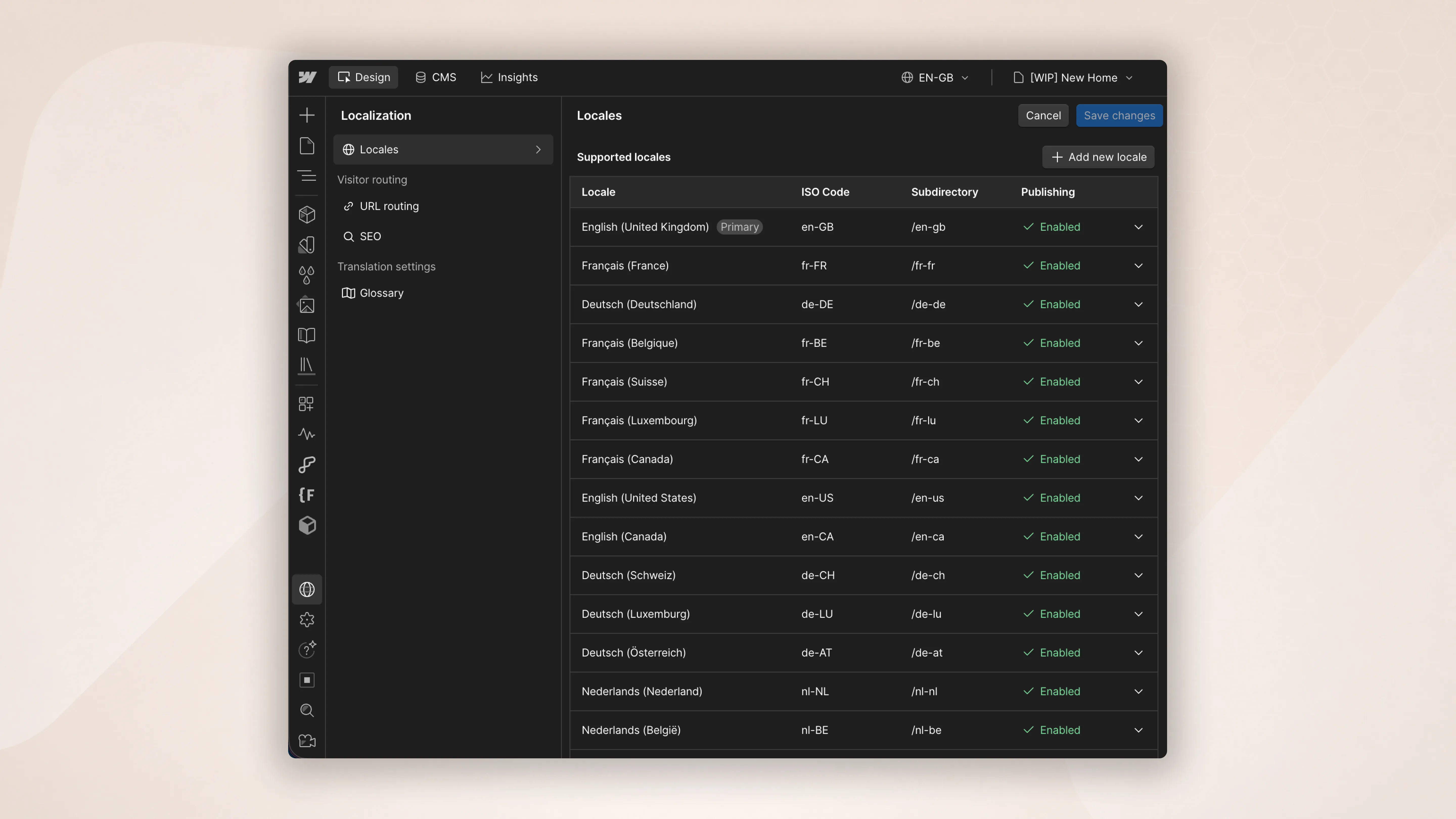 Webflow Localization configuration managing 25 European locales for the Chargemap Drivers website, supporting multilingual content at Enterprise scale.