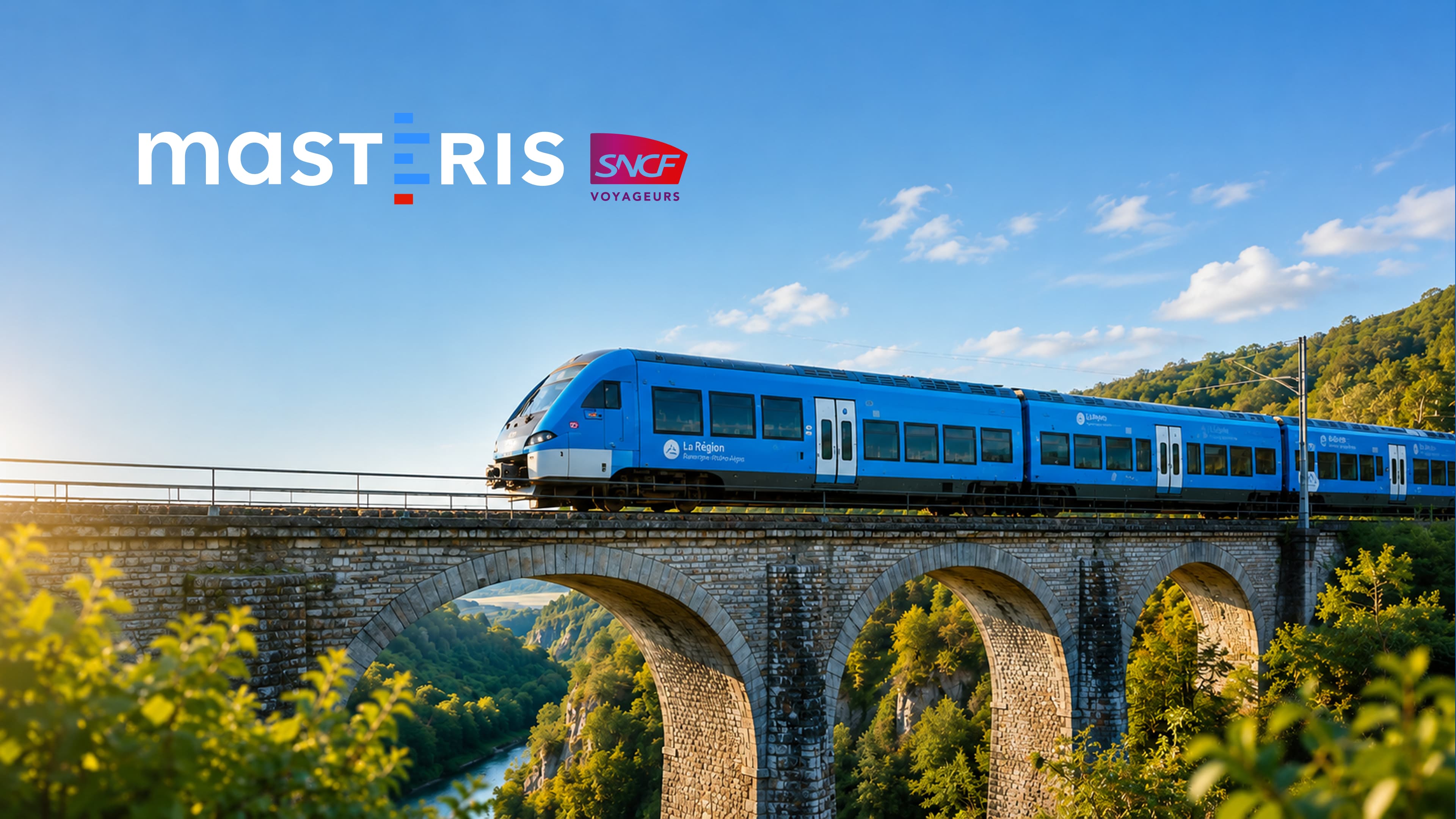 Blue regional train crossing a stone railway viaduct in a natural landscape, illustrating Masteris SNCF Voyageurs’ expertise in railway maintenance and engineering.