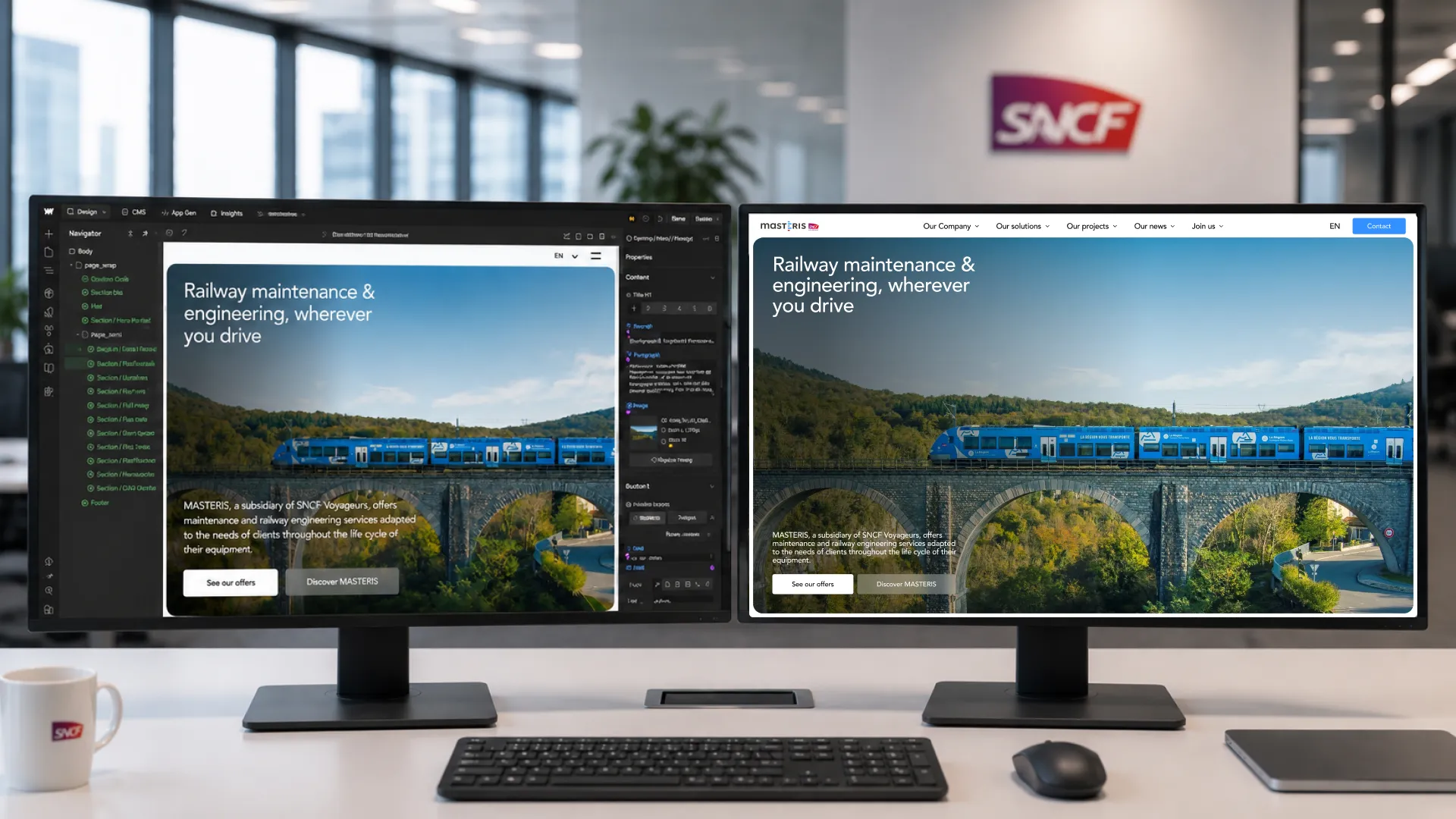 Dual desktop monitors in a SNCF office environment displaying the Webflow Editor and the Masteris homepage, showcasing the website design and development by Digidop.