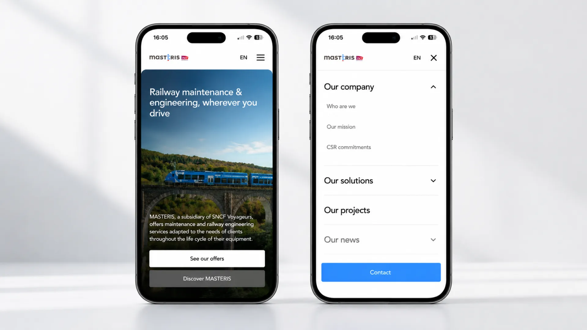 Two smartphones displaying the mobile version of the Masteris website, featuring the homepage and navigation menu, showcasing a responsive experience designed and built in Webflow by Digidop.