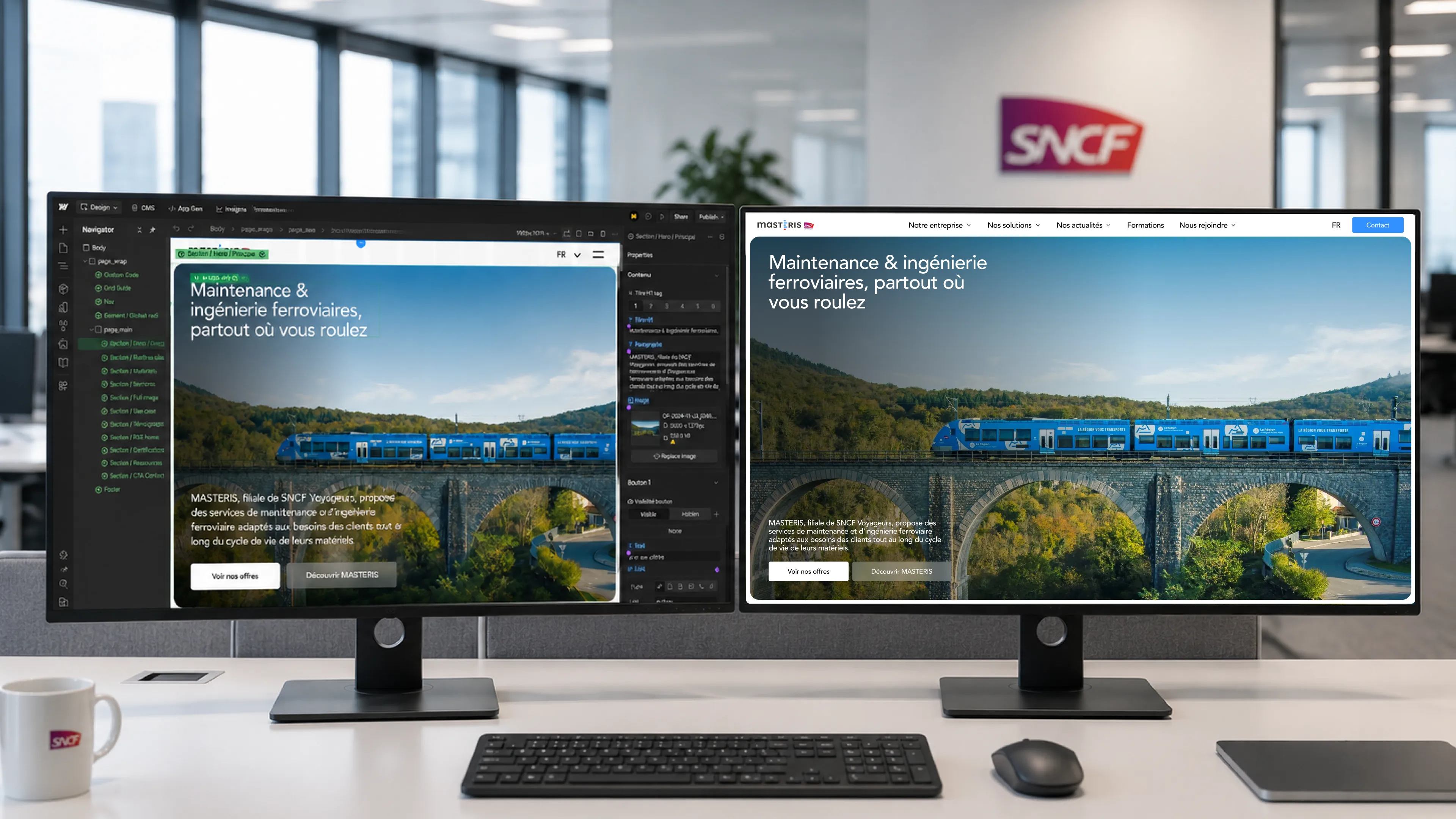 Deux écrans de bureau dans un environnement de travail SNCF affichant l’éditeur Webflow et la page d’accueil du site Masteris, illustrant la conception et le développement du site web par Digidop.