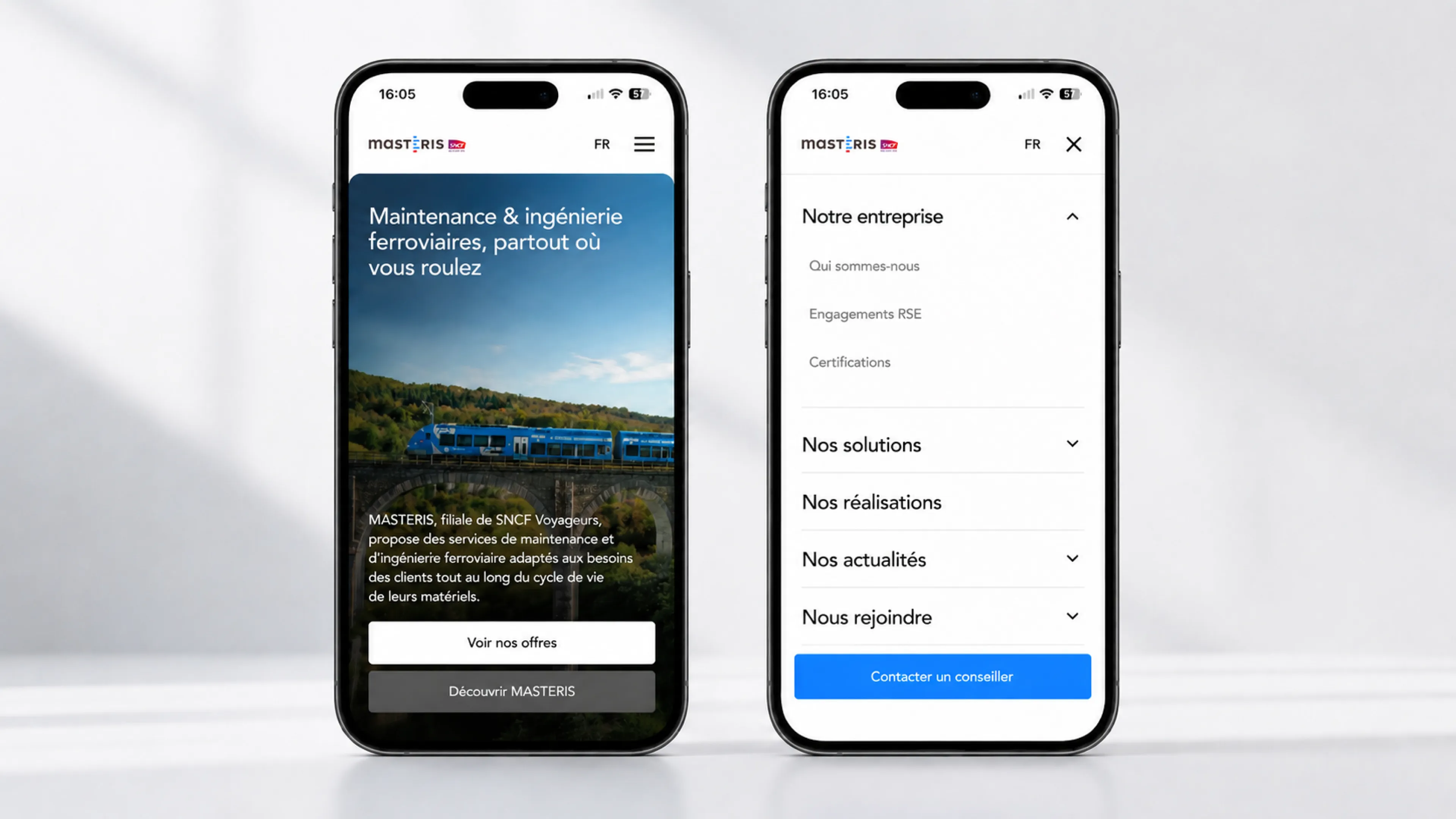 Deux smartphones affichant la version mobile du site Masteris, avec la page d’accueil et le menu de navigation, illustrant une expérience responsive conçue et développée sur Webflow par Digidop.