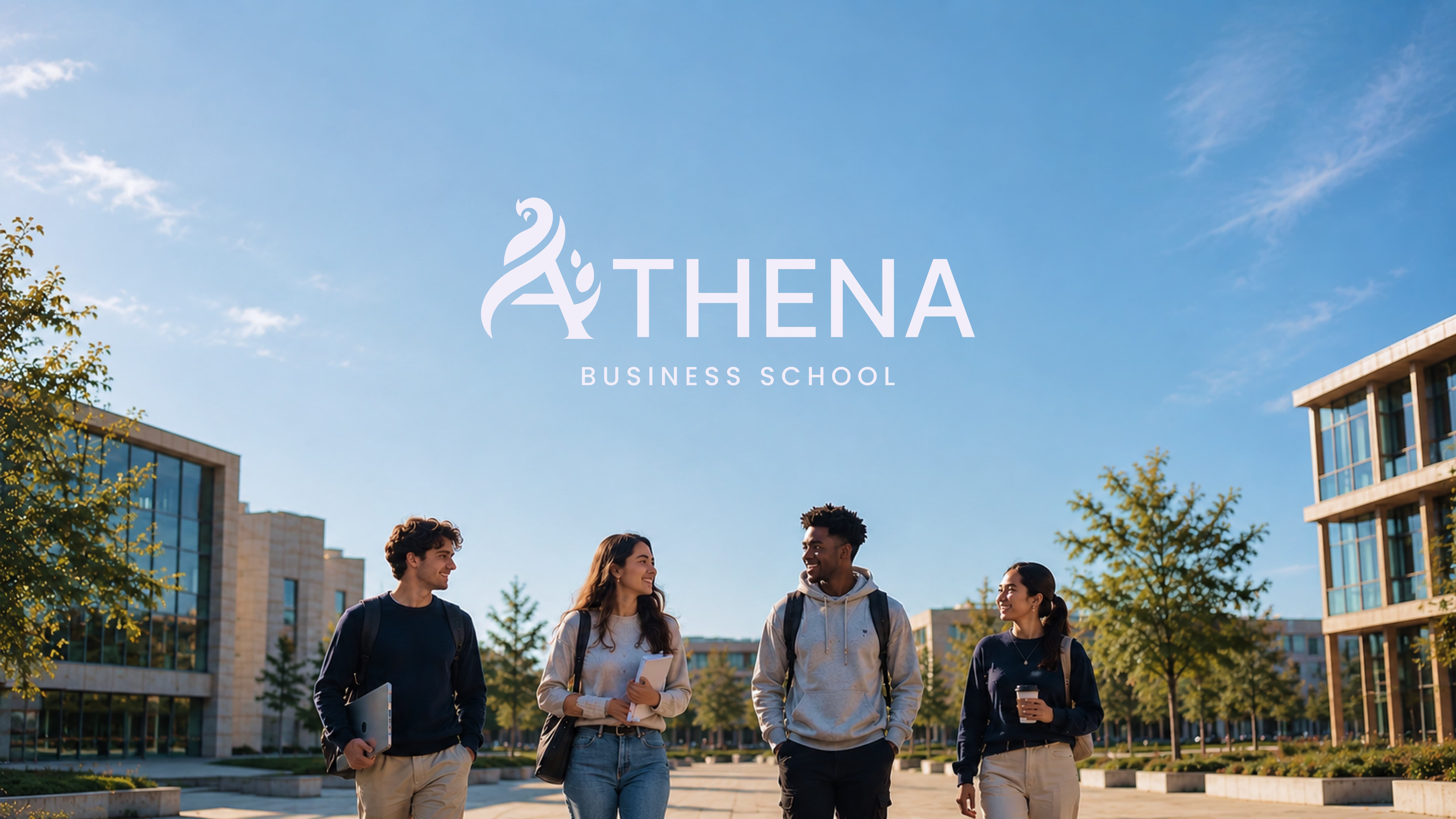 Four students walk across the modern Athena Business School campus under a clear blue sky, capturing a bright and welcoming student experience that reflects higher education, collaboration, and academic excellence.