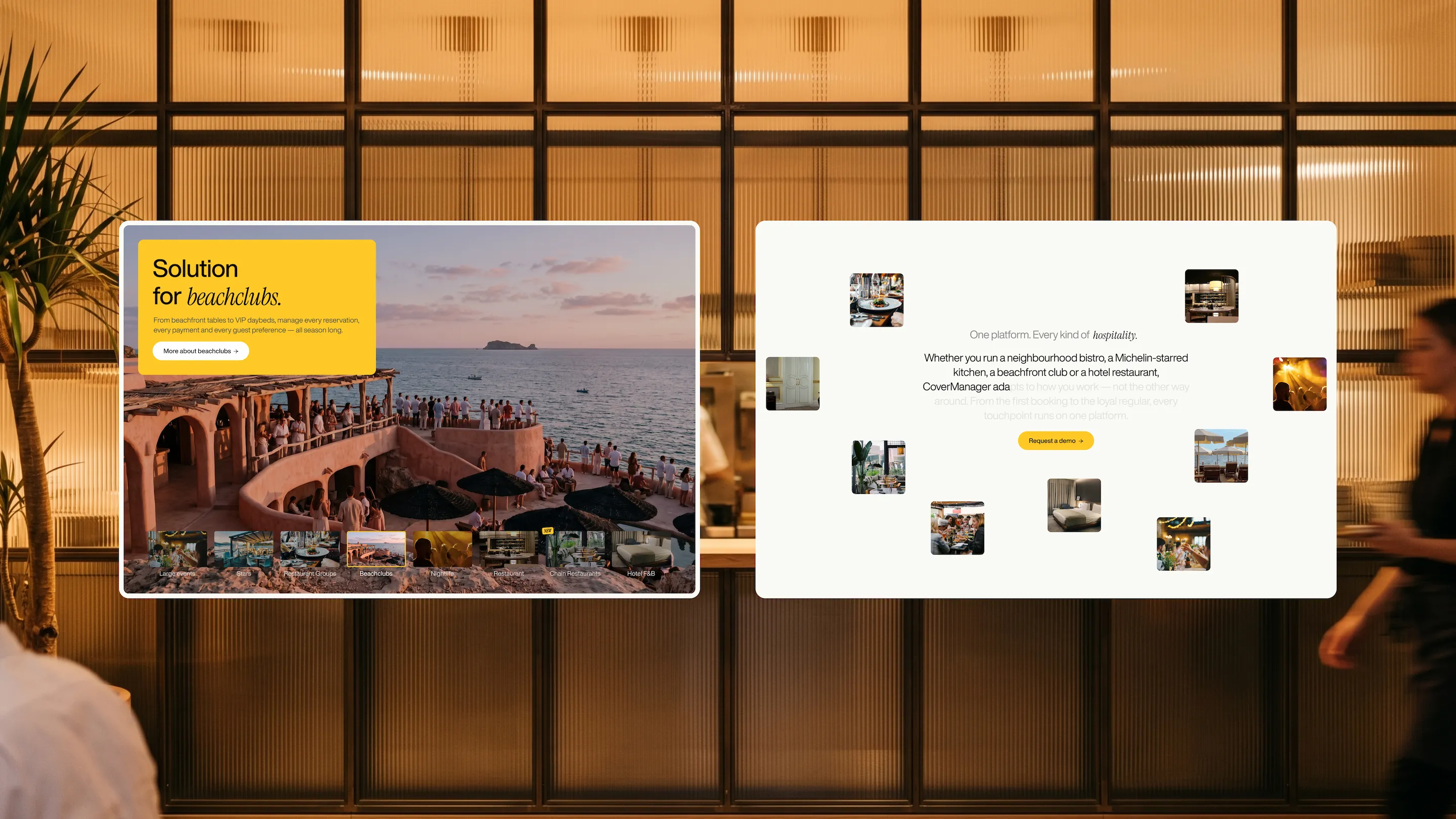 Two CoverManager website interfaces built with Webflow Enterprise, showcasing hospitality solutions for restaurants, hotels, and beach clubs against a restaurant backdrop.