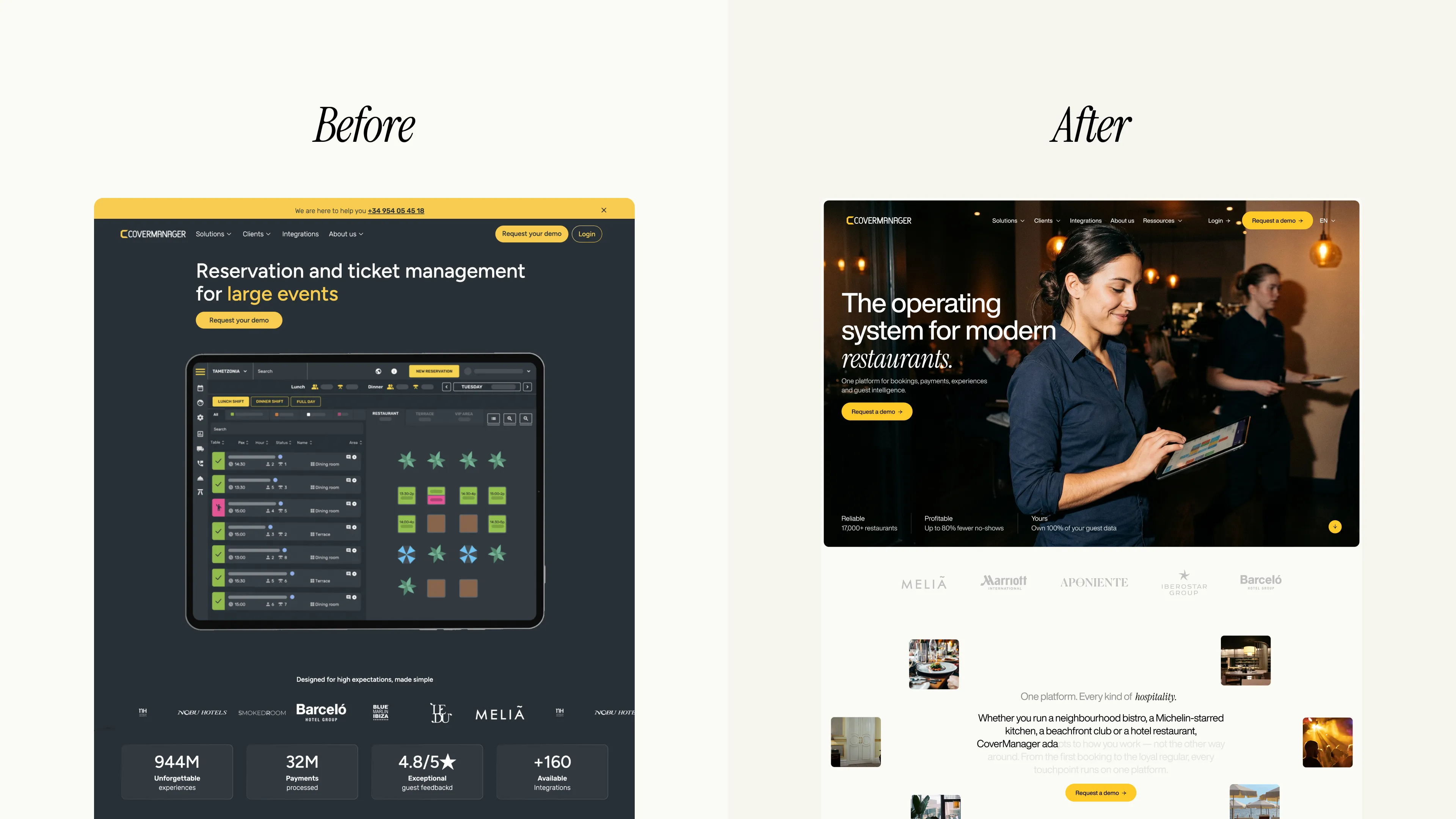 Before-and-after comparison of the CoverManager website redesign, highlighting the evolution of the user experience following the migration to Webflow Enterprise.