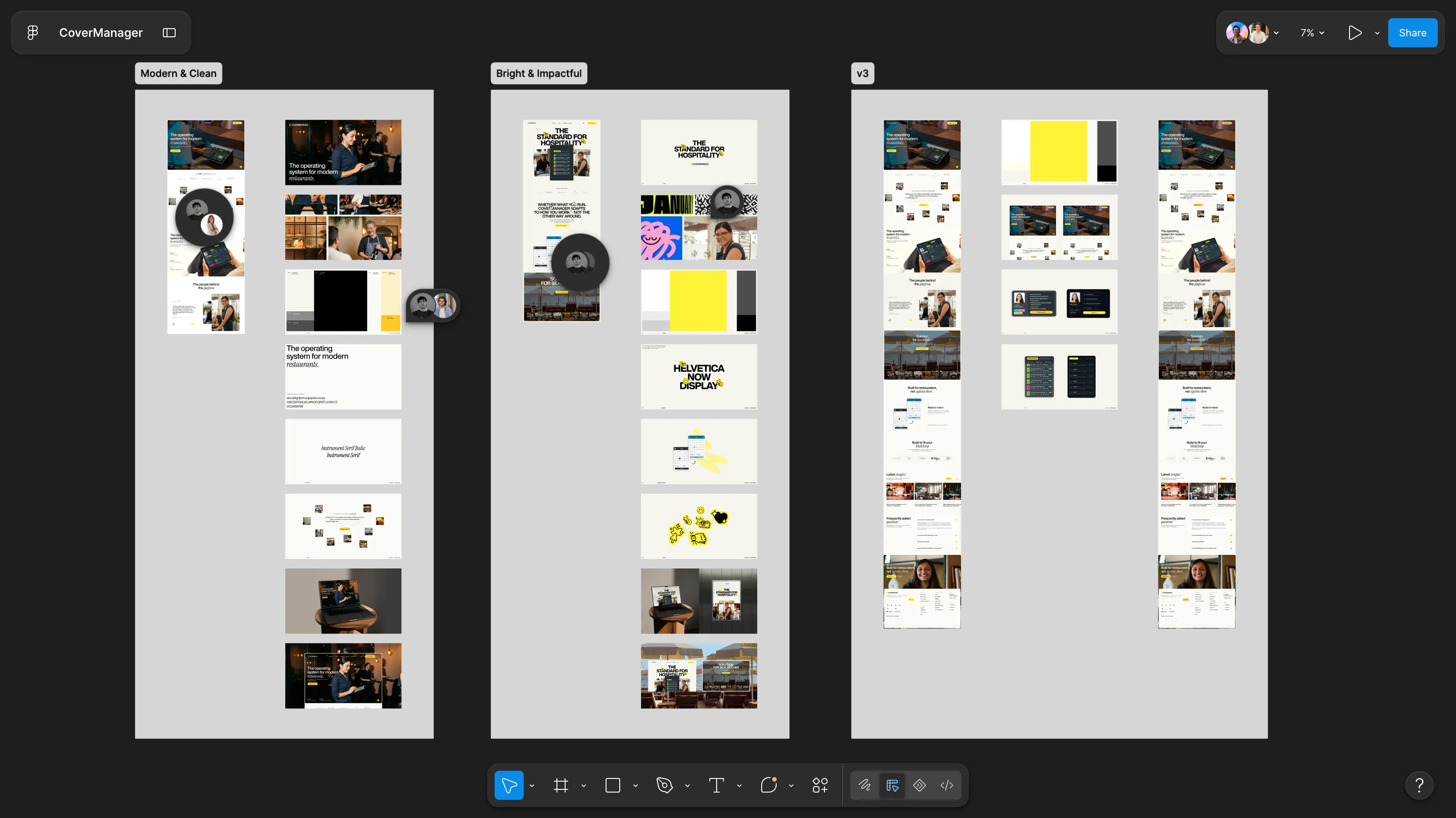 Figma exploration of creative directions and visual concepts created for the redesign of CoverManager’s digital identity.
