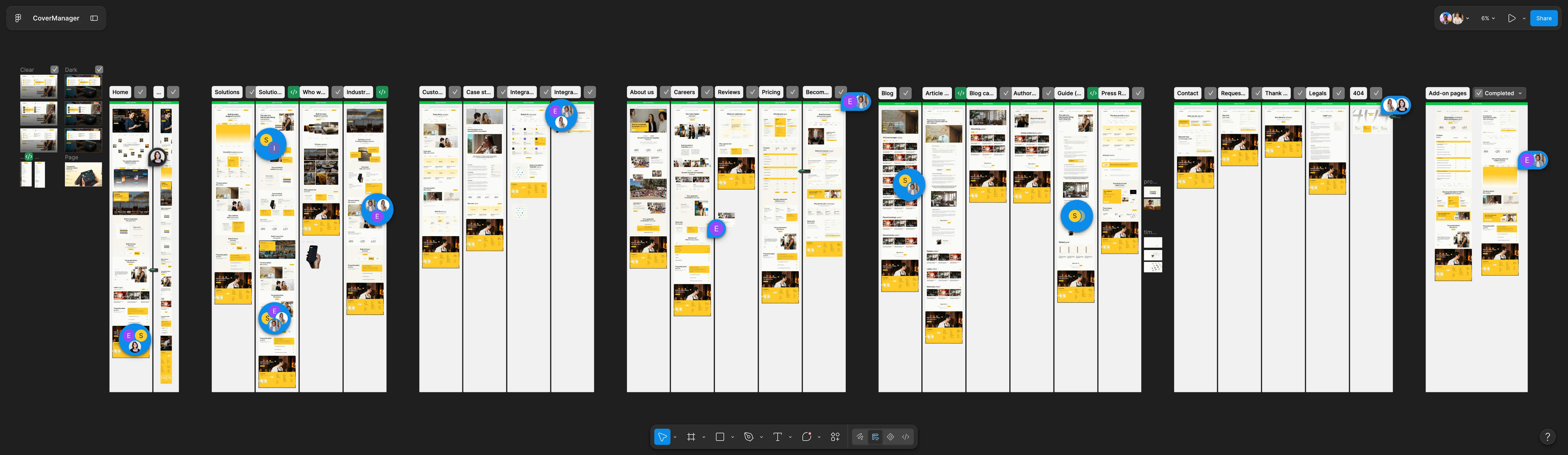 Figma workspace organizing CoverManager’s UX/UI designs before development in Webflow Enterprise.