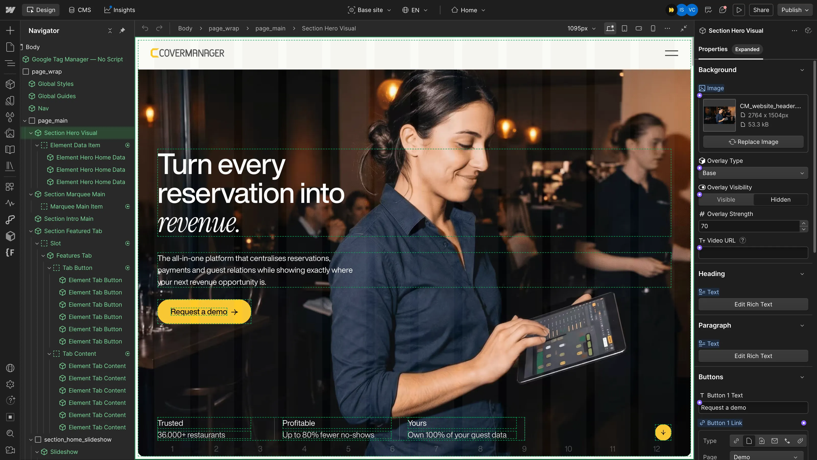 Reusable Webflow Enterprise components built to accelerate page production across the CoverManager website.