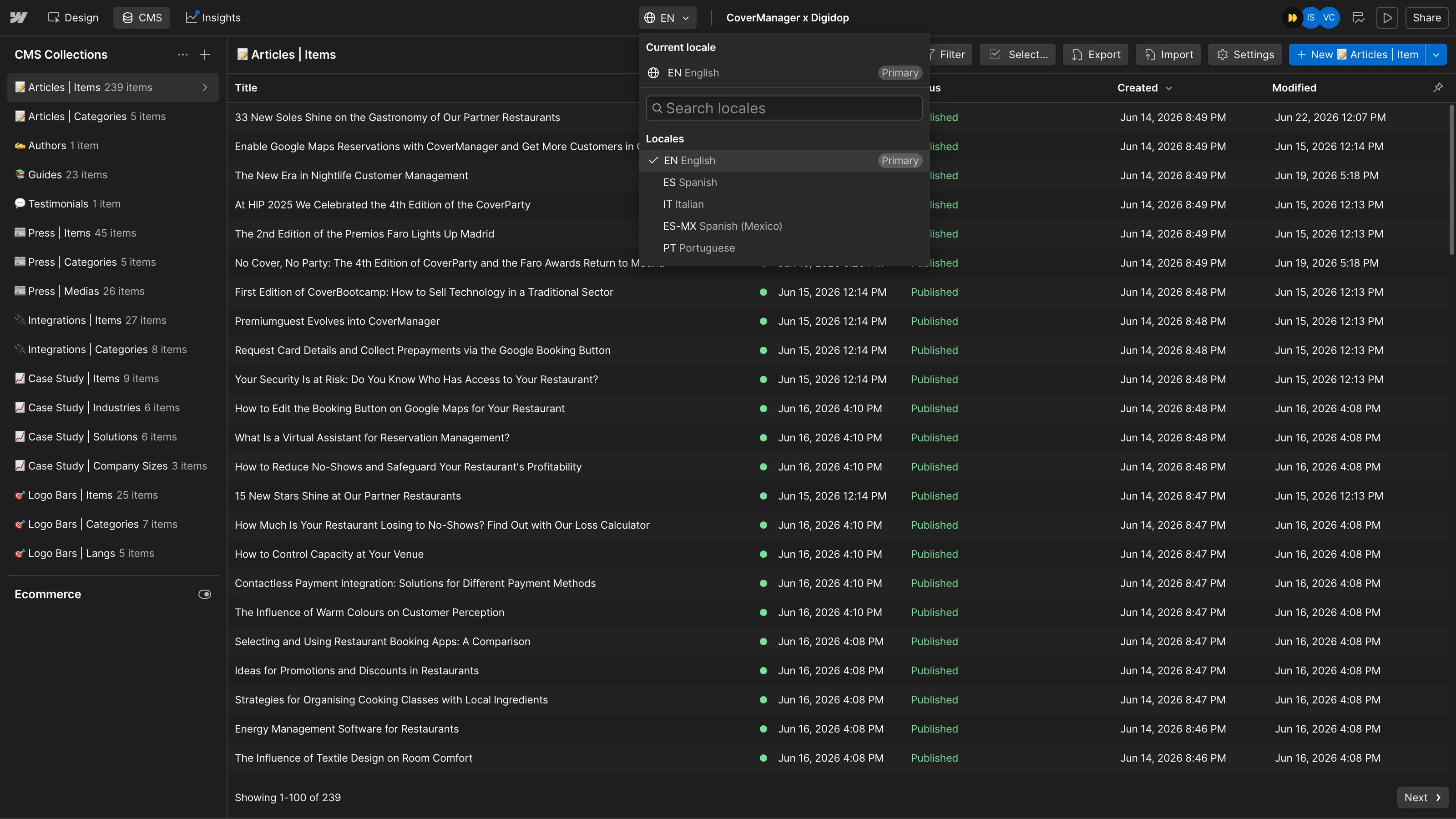 Webflow CMS collections configured to manage CoverManager’s multilingual content within a unified Enterprise platform.