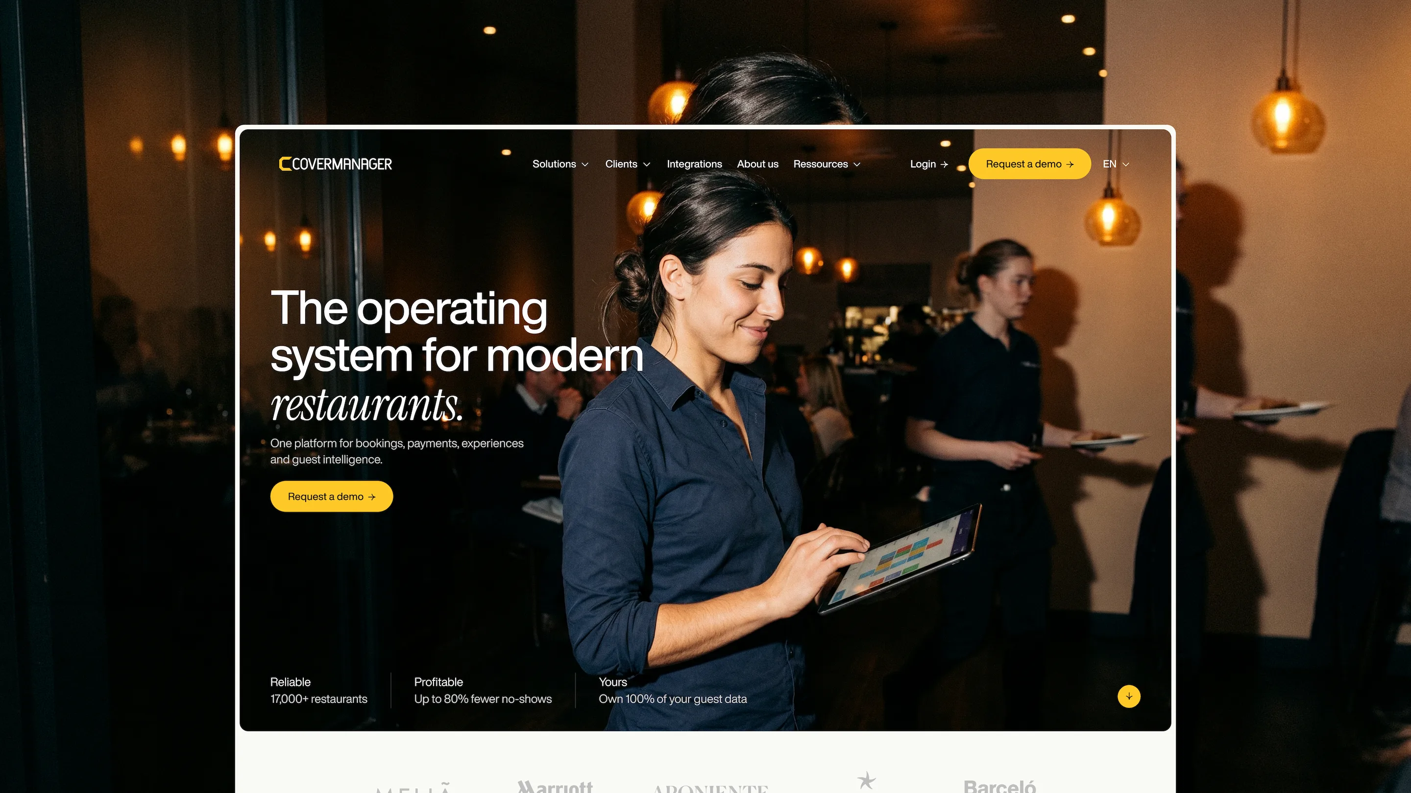 CoverManager Webflow Enterprise website displayed on a desktop screen, with a restaurant scene in the background representing the hospitality technology industry.
