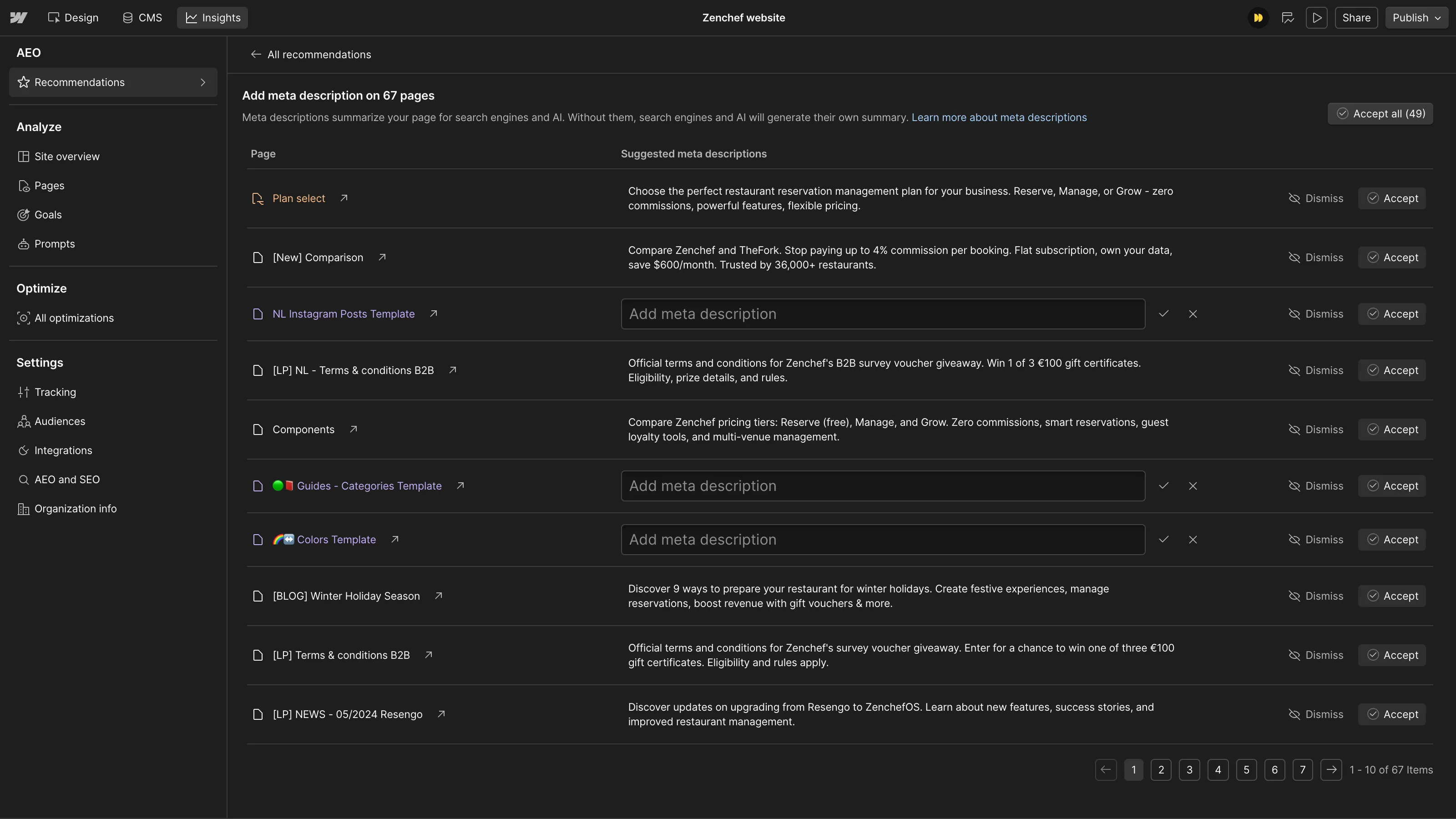 Webflow AEO automatically generating personalized meta descriptions that can be reviewed and approved before publishing.