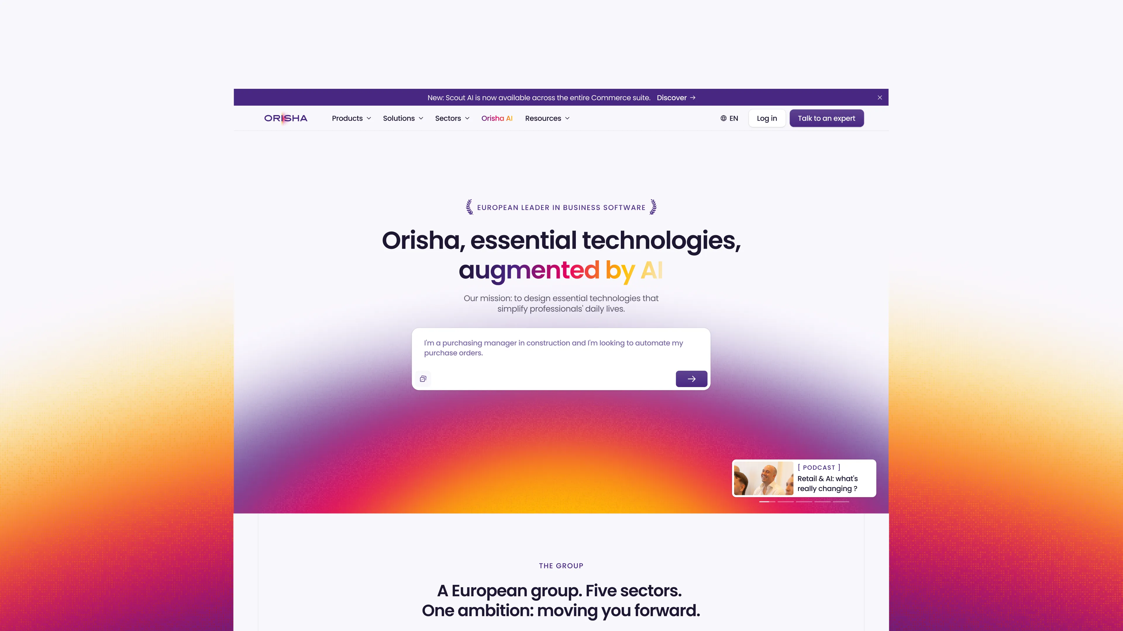 Homepage of Orisha’s new Webflow Enterprise website designed around an AI-first experience.