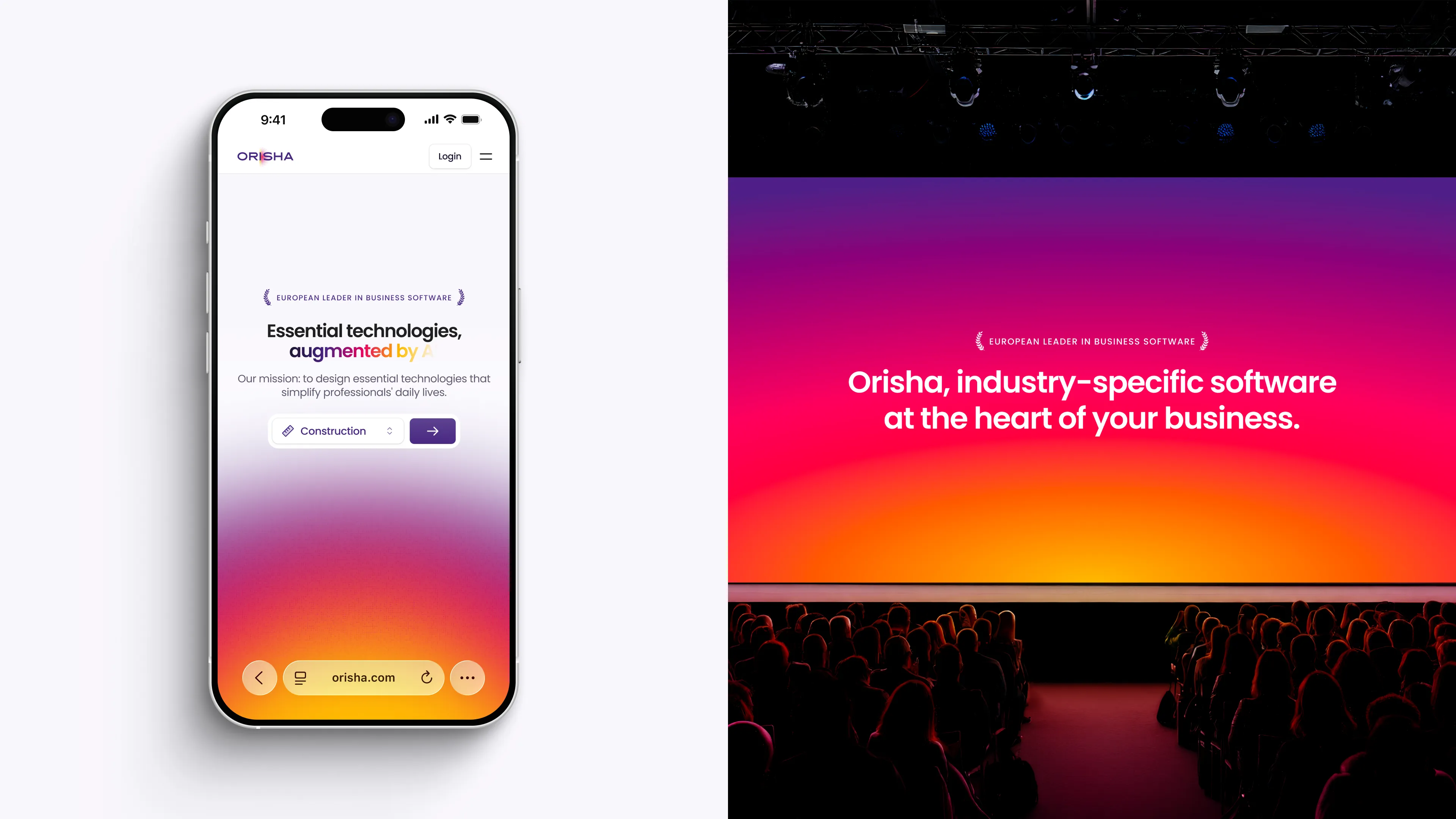 Responsive Orisha web experience on mobile alongside the company’s new brand identity presented on stage.