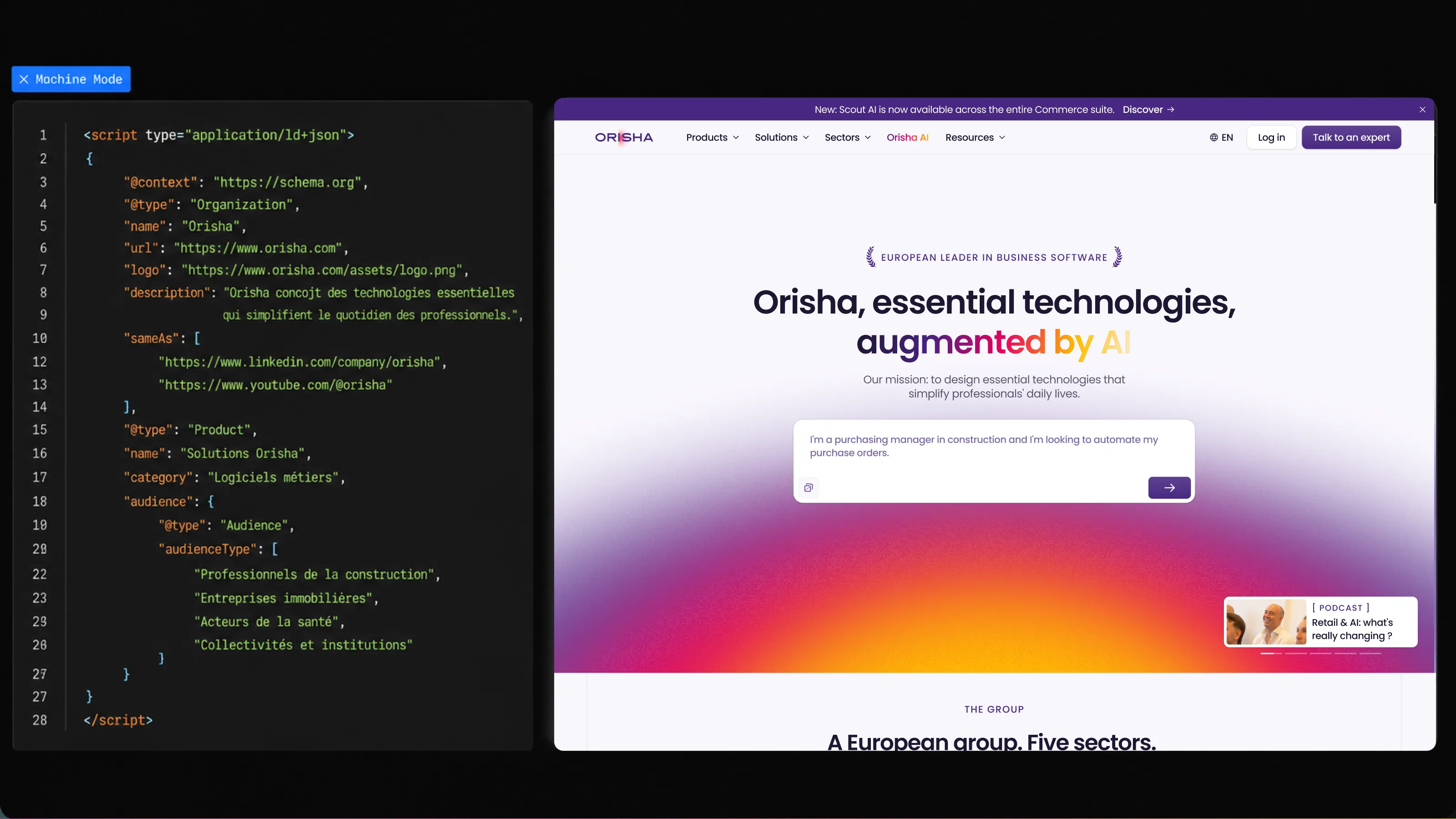 AI-ready website architecture combining Schema.org structured data with Orisha’s Webflow Enterprise interface.