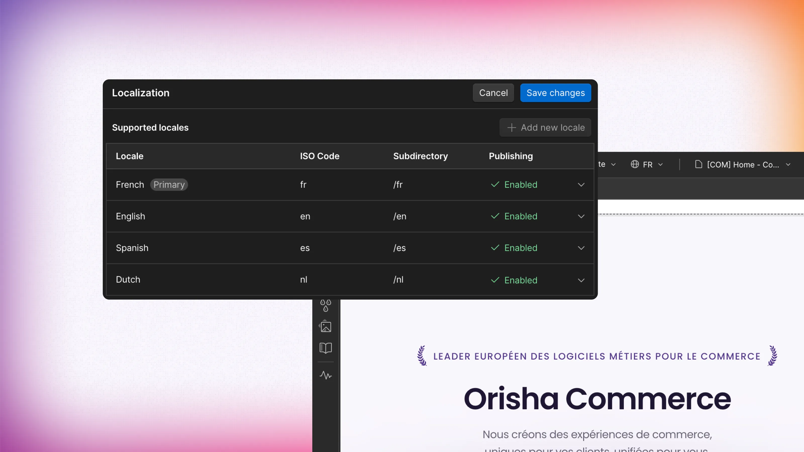 Configuration multilingue Webflow Enterprise avec quatre langues pour accompagner le déploiement international d’Orisha.