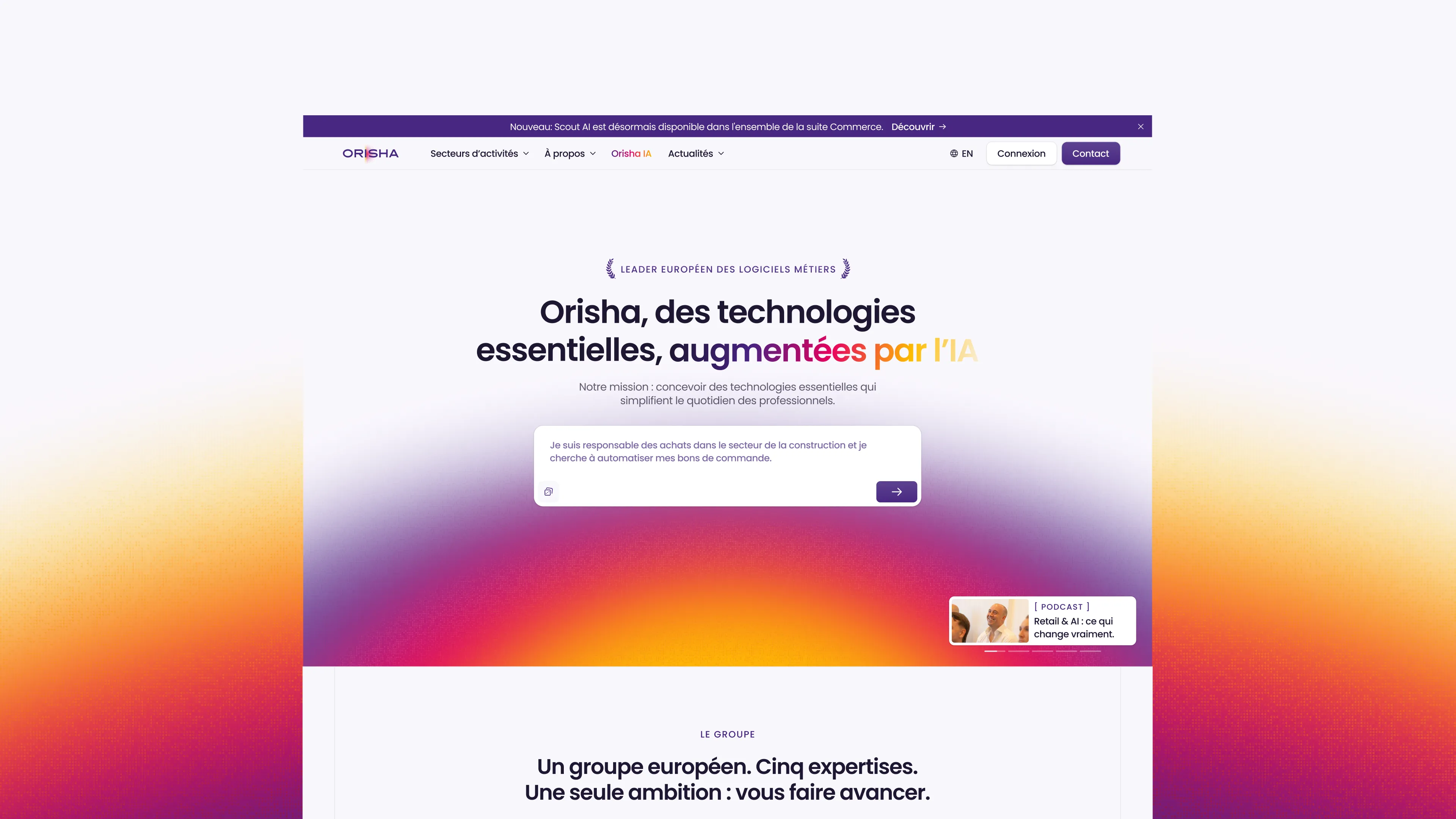 Hero de la plateforme Orisha intégrant une recherche conversationnelle propulsée par l’IA pour orienter chaque visiteur vers la solution adaptée à son besoin.