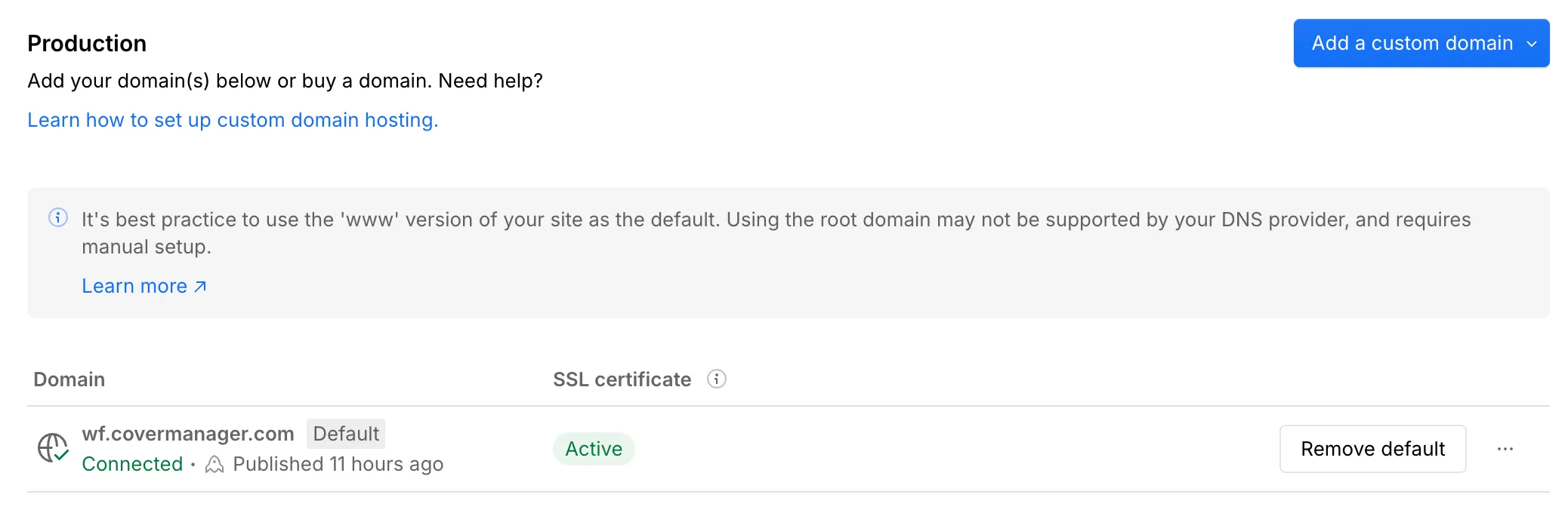 Configuration du domaine personnalisé dans Webflow Enterprise, avec wf.covermanager.com défini comme domaine par défaut et certificat SSL actif, servant d’origine pour une architecture d’hébergement personnalisée via AWS CloudFront.