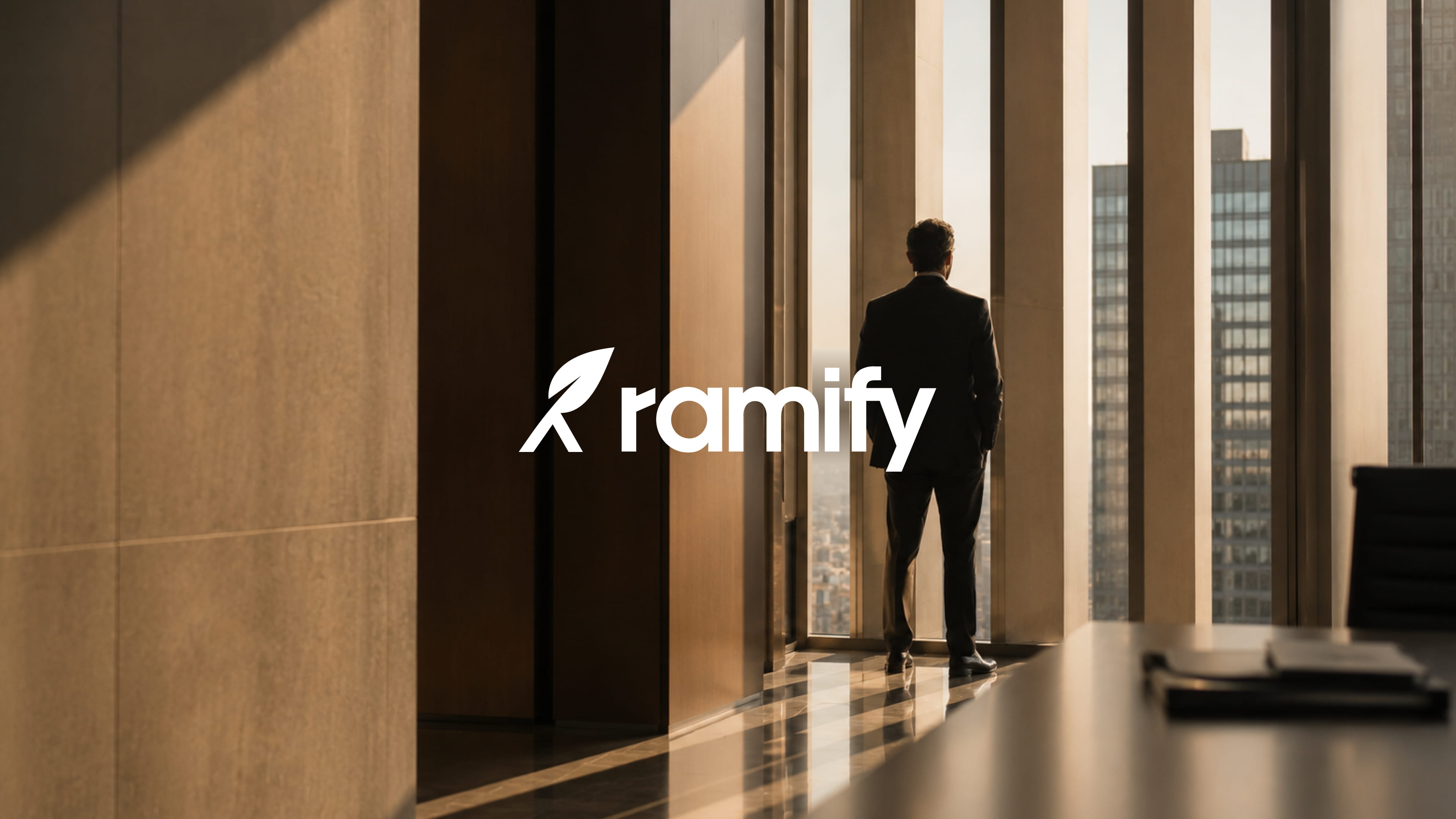 AI-generated image illustrating Ramify’s premium brand identity with an executive overlooking the Paris skyline from a modern office.
