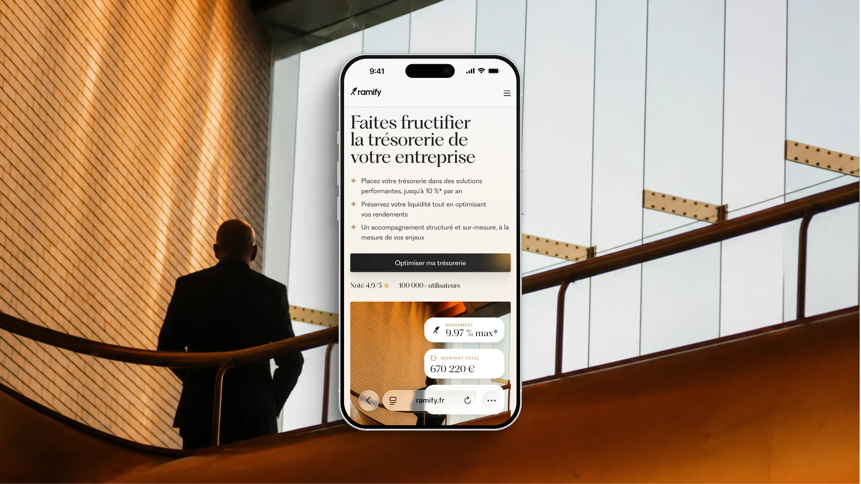 AI-generated image of the Ramify mobile website displayed on a smartphone in a premium architectural setting inspired by private banking.