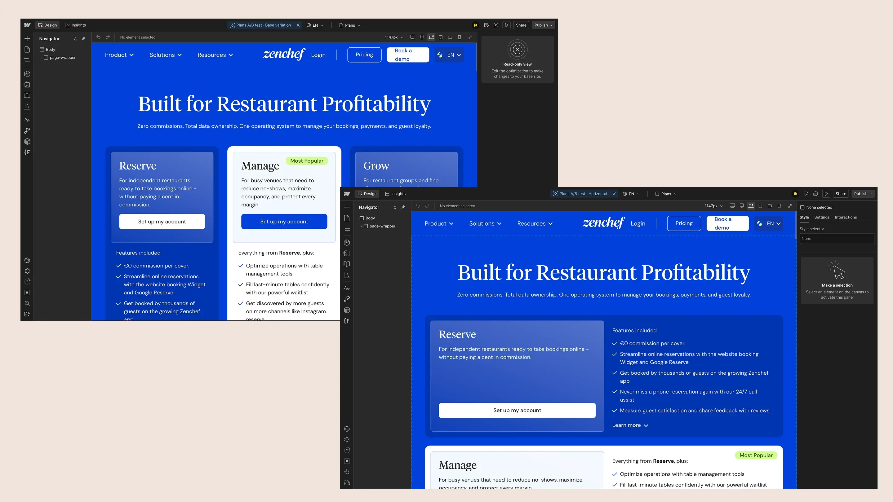 Comparison of two Zenchef page variations in Webflow Designer illustrating the creation and management of an A/B test.