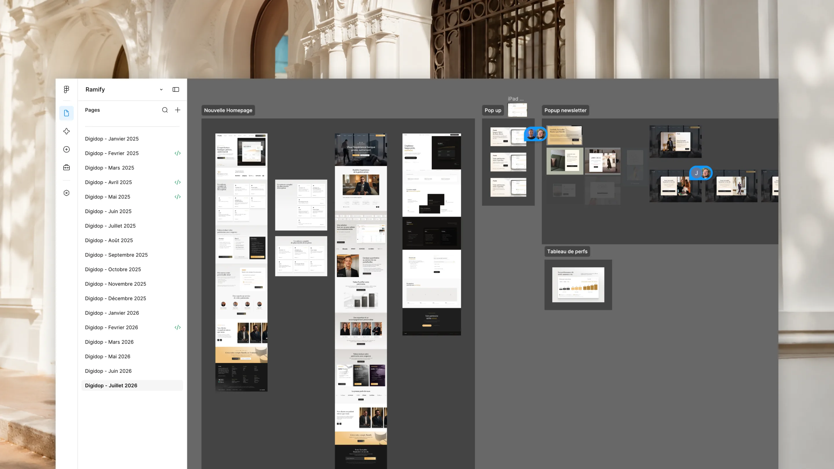 Fichier Figma des maquettes du site Ramify conçues par Digidop : nouvelle homepage, pop-ups et tableau de performances
