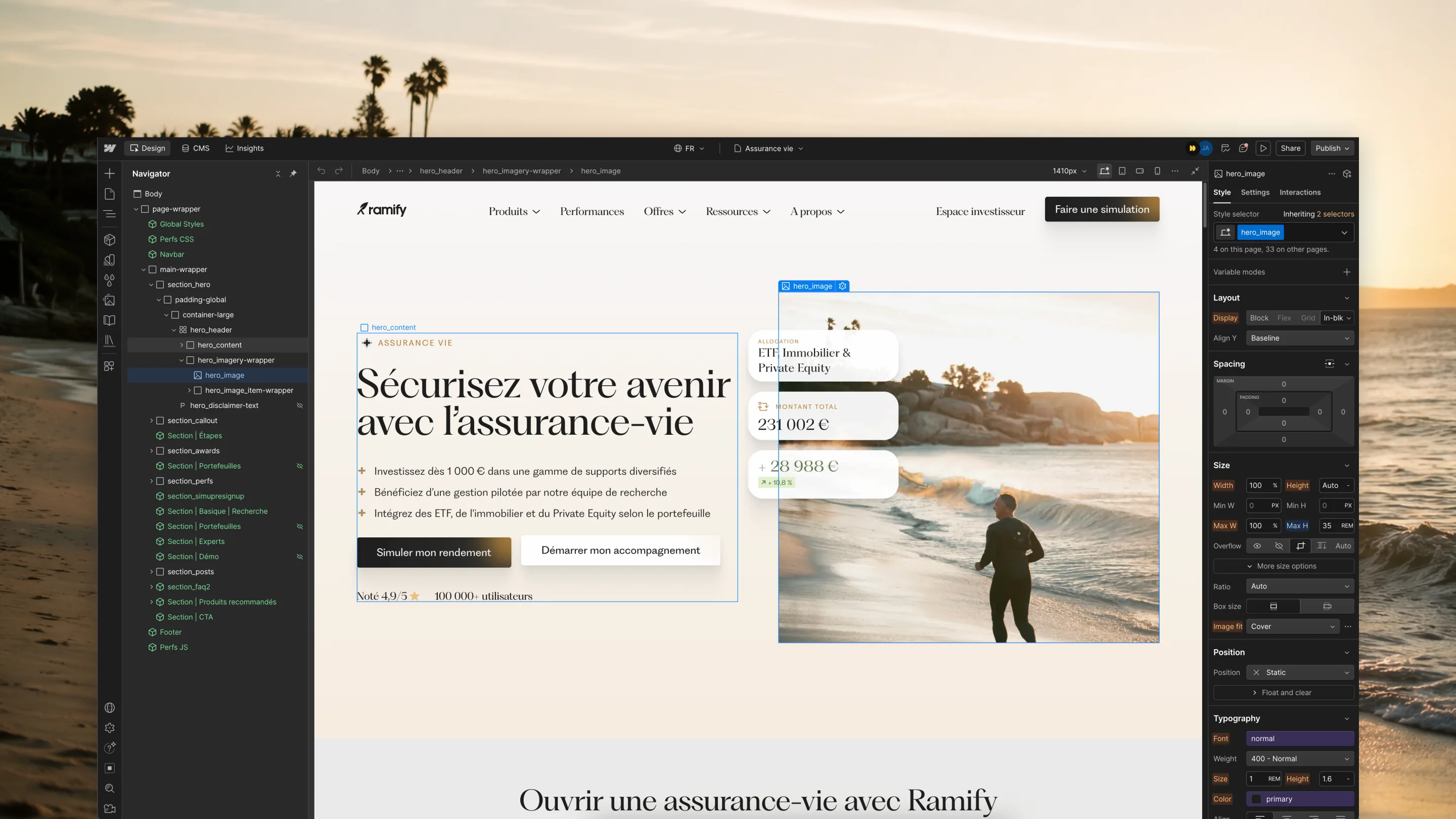 Page assurance-vie de Ramify en cours de construction dans le Webflow Designer, illustrant l'approche component-first de Digidop