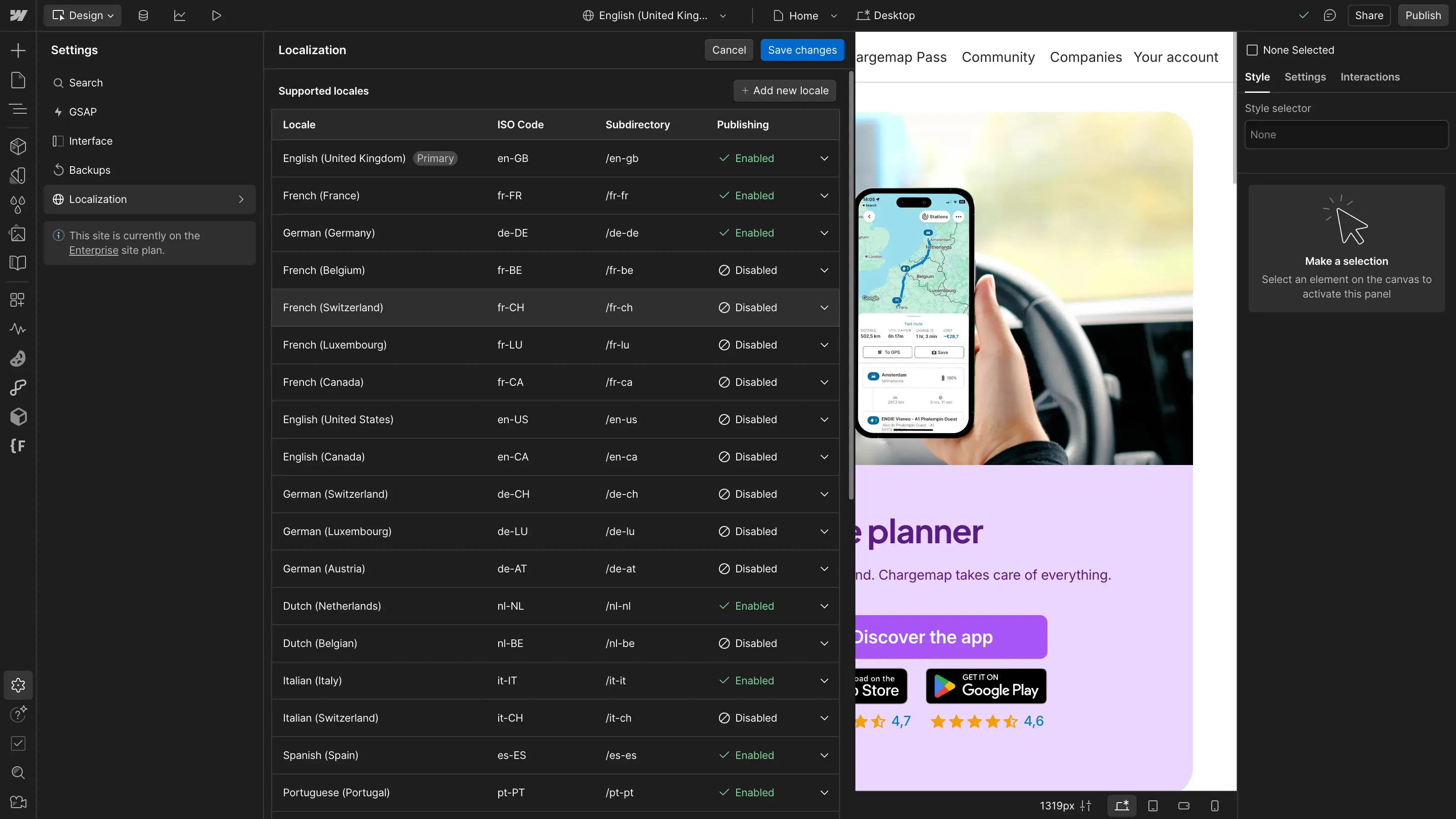 Paramètres de localisation Webflow pour le site Chargemap, affichant les langues activées.