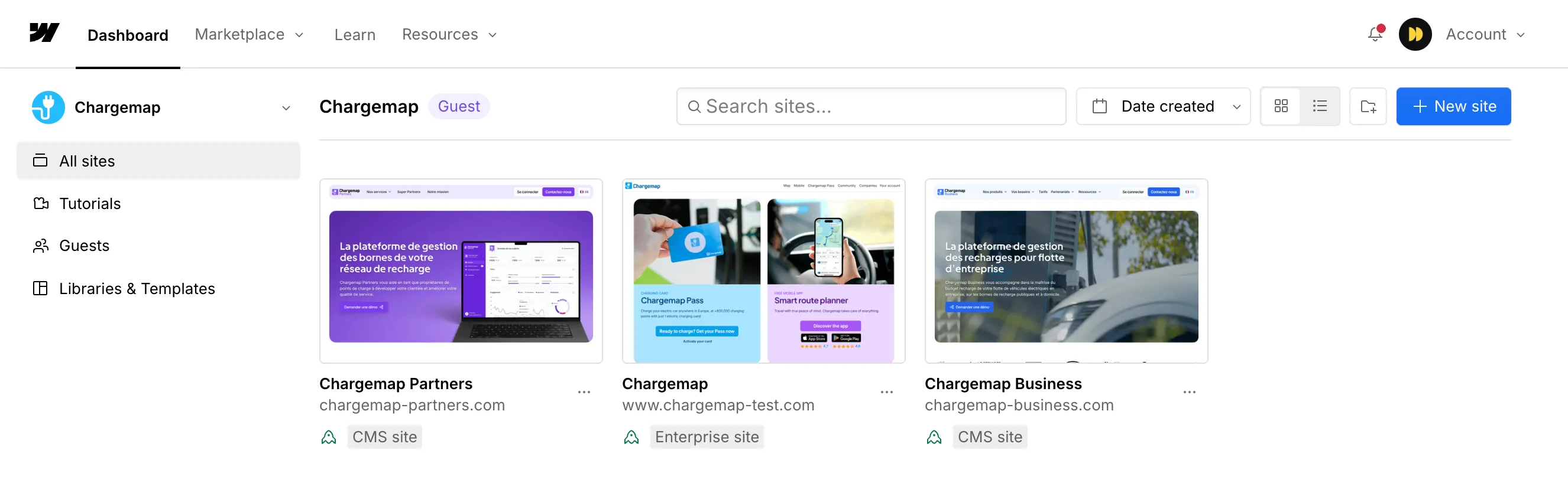 Dashboard Webflow avec aperçu des trois sites Chargemap (Partners, Business, Drivers).