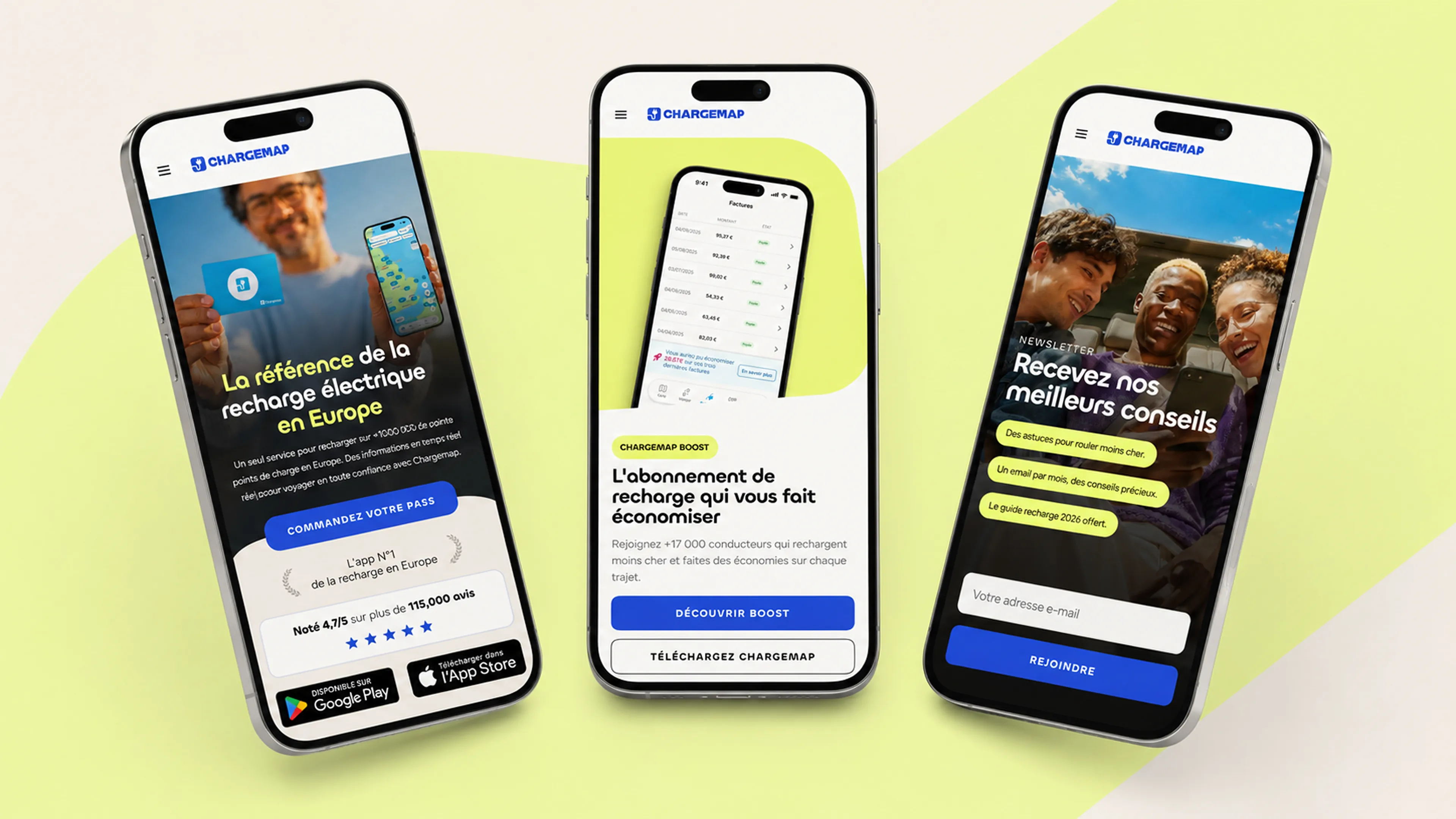 Site web Webflow responsive pour les conducteurs Chargemap, affiché sur les appareils mobiles, mettant en avant l'expérience utilisateur multilingue et le parcours de recharge des véhicules électriques.