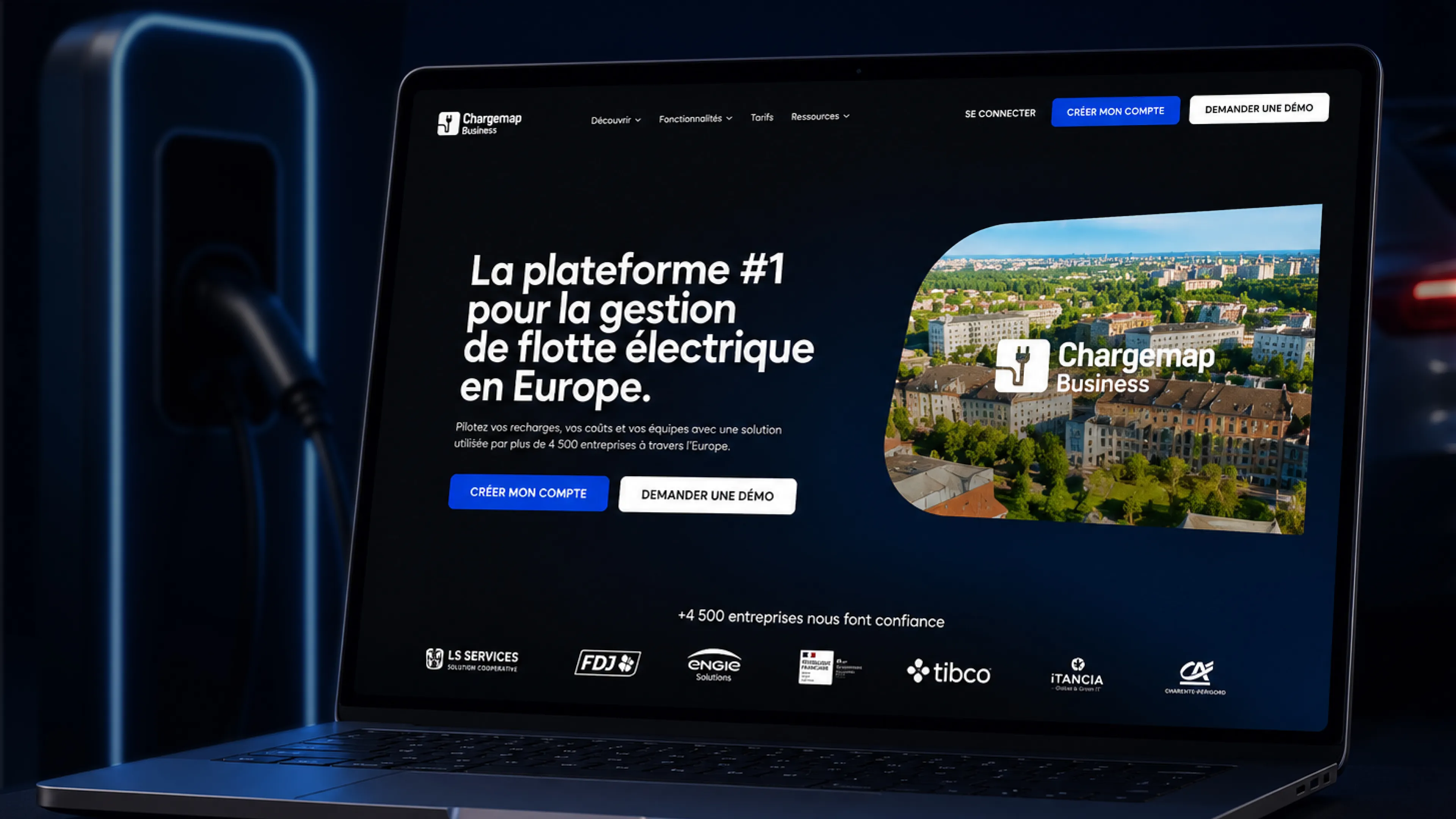 Site Chargemap Business redesigné et migré de WordPress vers Webflow, offrant une plateforme Enterprise dédiée à la gestion des flottes de véhicules électriques en Europe.