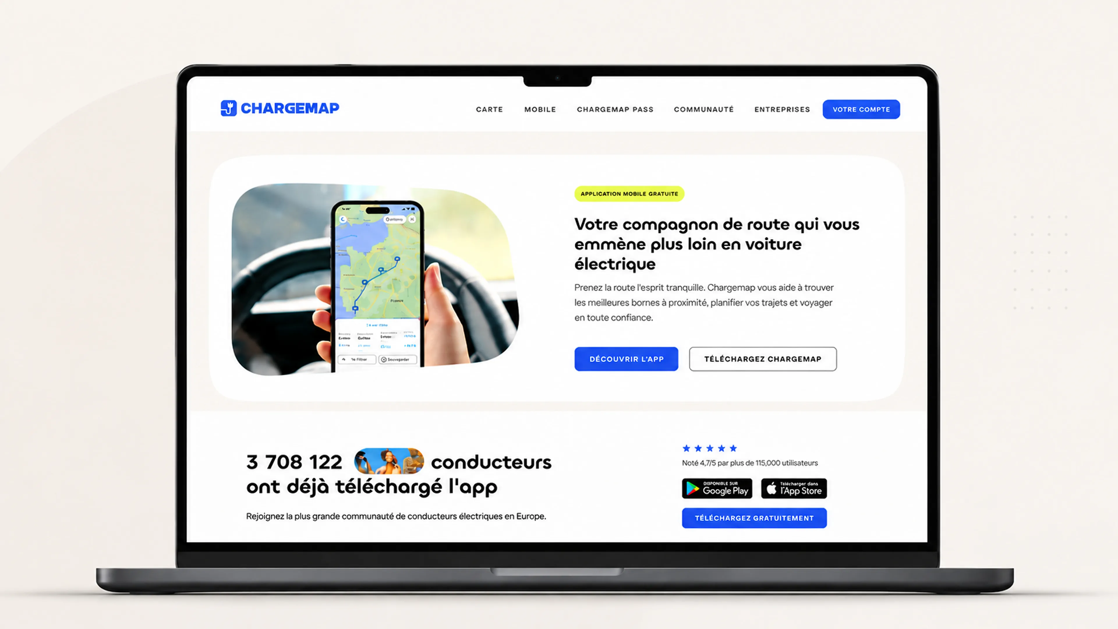 Site web Chargemap Drivers redesigné et développé sous Webflow Enterprise, permettant à des millions de conducteurs de véhicules électriques de préparer leurs trajets et trouver des bornes de recharge partout en Europe.
