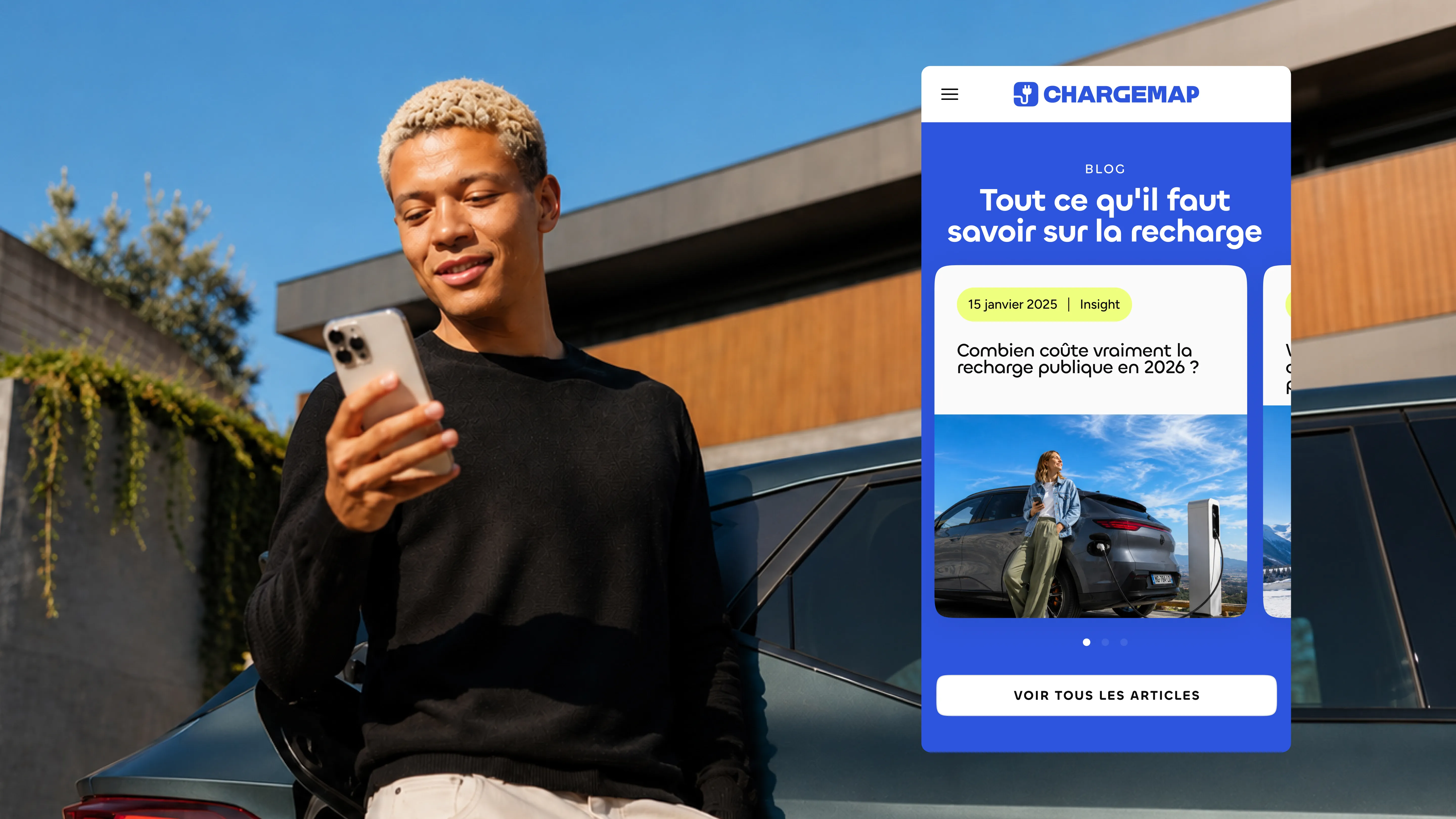 Expérience mobile du blog Chargemap mettant en avant des contenus pédagogiques sur la recharge des véhicules électriques au sein d’une interface Webflow responsive.