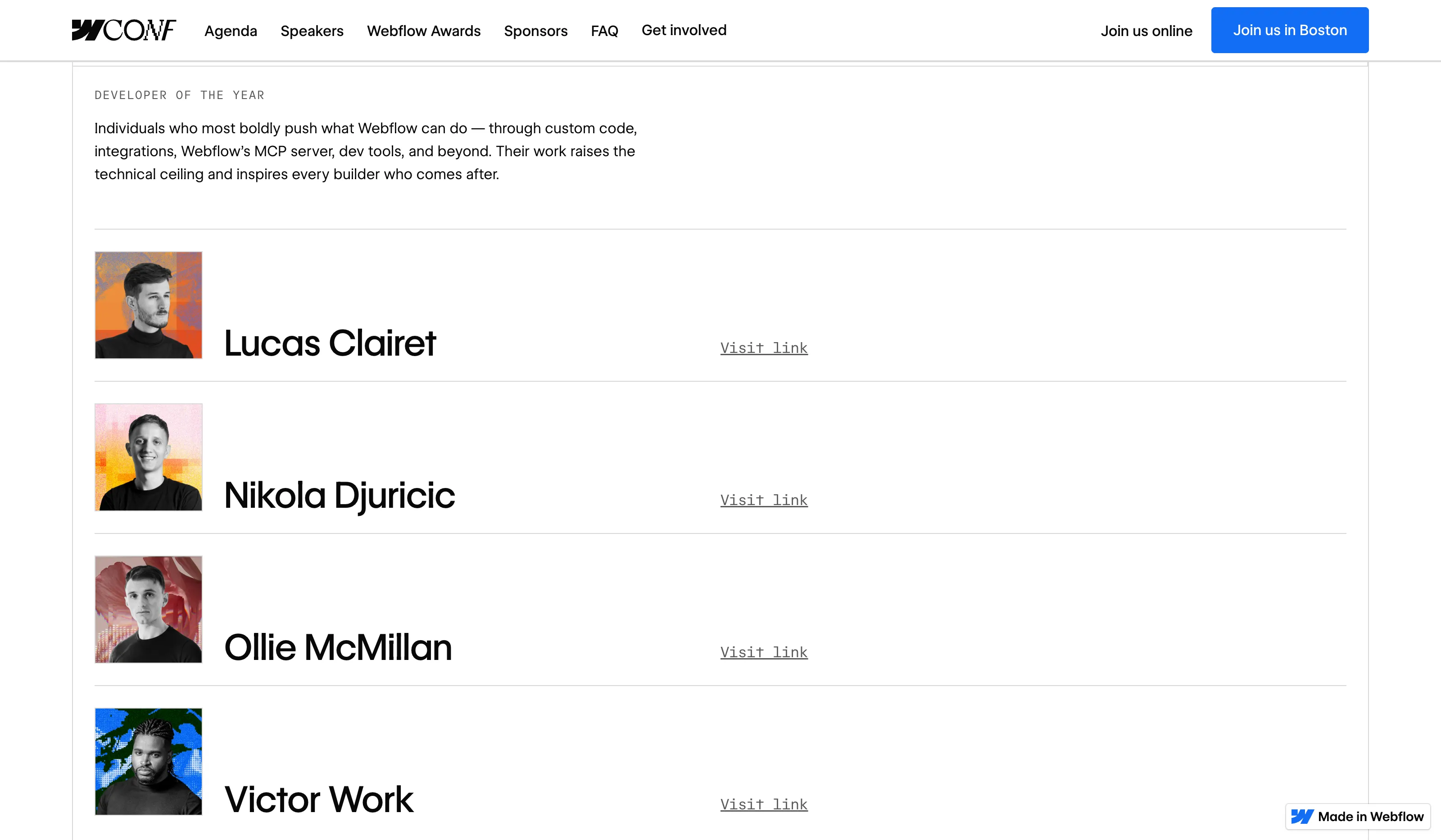 Screenshot of the “Developer of the Year” page from the 2026 Webflow Awards at Webflow Conf. The four finalists—Lucas Clairet, Nikola Djuricic, Ollie McMillan, and Victor Work—are displayed with their portraits, a brief category description, and a link to their profile.