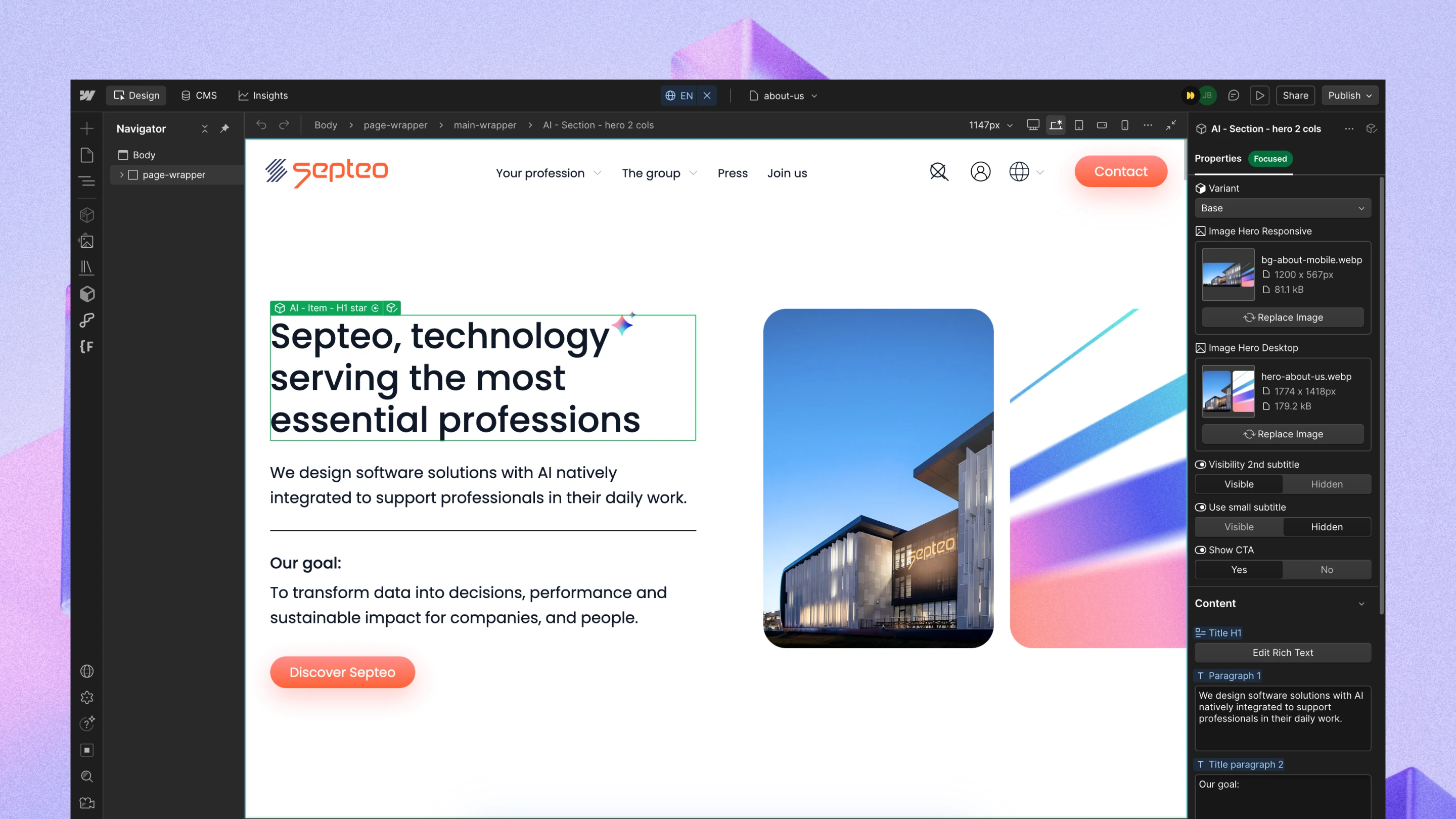 Webflow designer on Septeo website