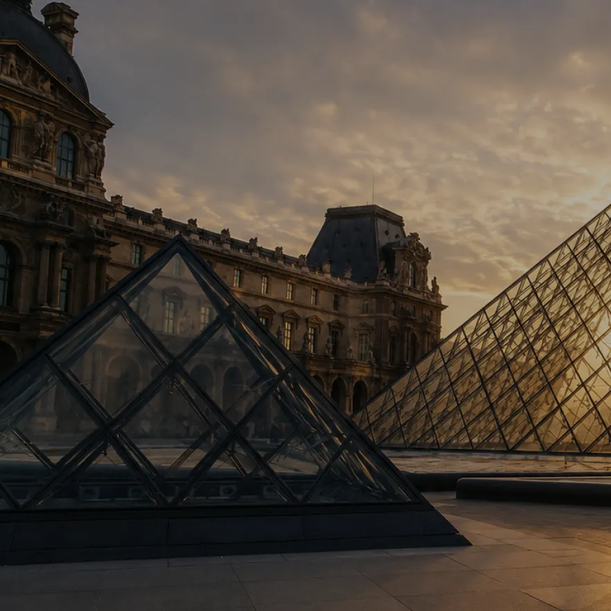 Vue de la pyramide du Louvre au coucher du soleil, baignée d’une lumière dorée qui se reflète sur les structures en verre emblématiques et l’architecture historique, créant un arrière-plan élégant évoquant le patrimoine, le prestige et l’intemporalité.