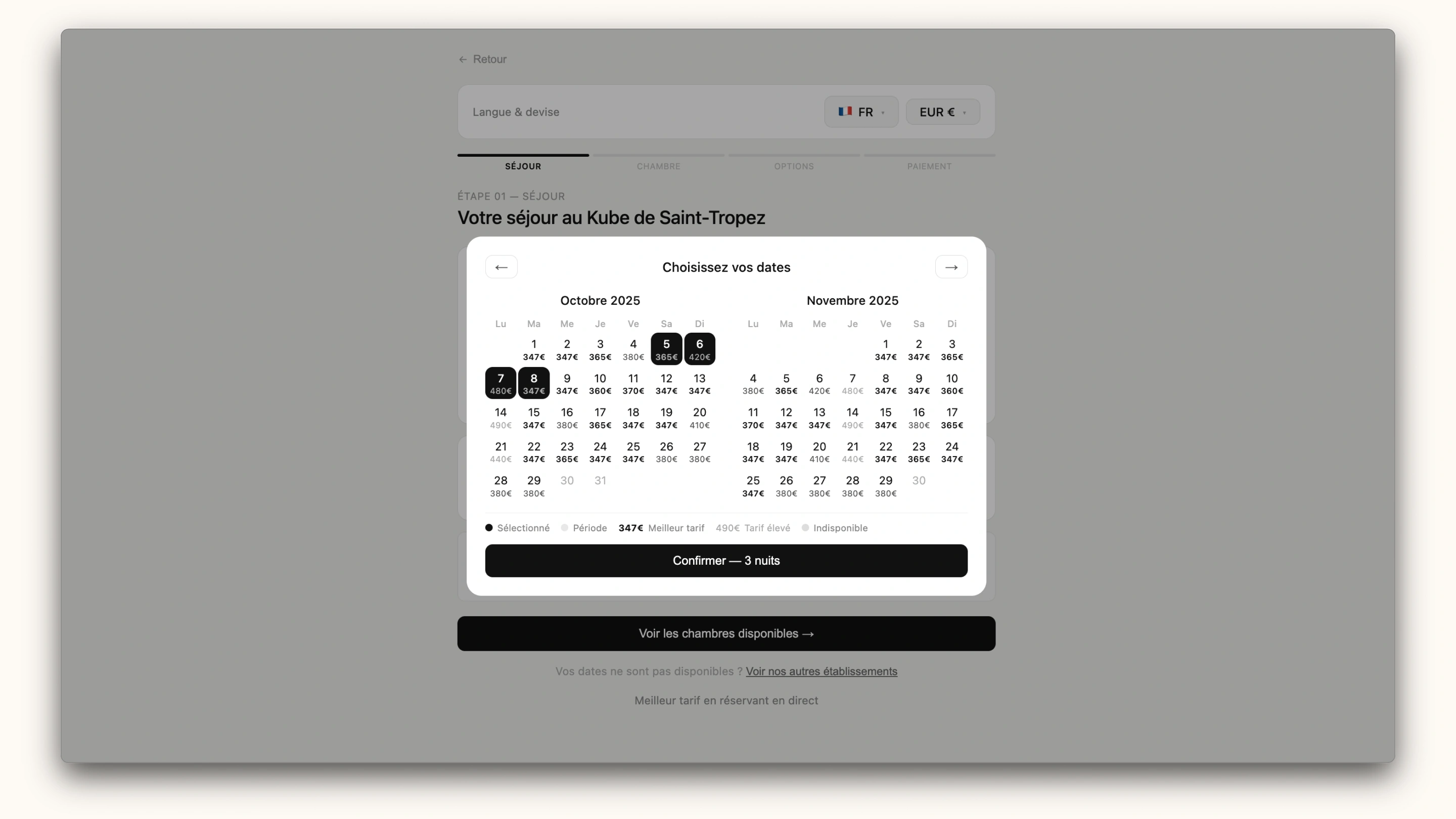 Grayscale prototype of step 1 of the booking funnel: language and currency selector, pricing calendar and confirmation button.