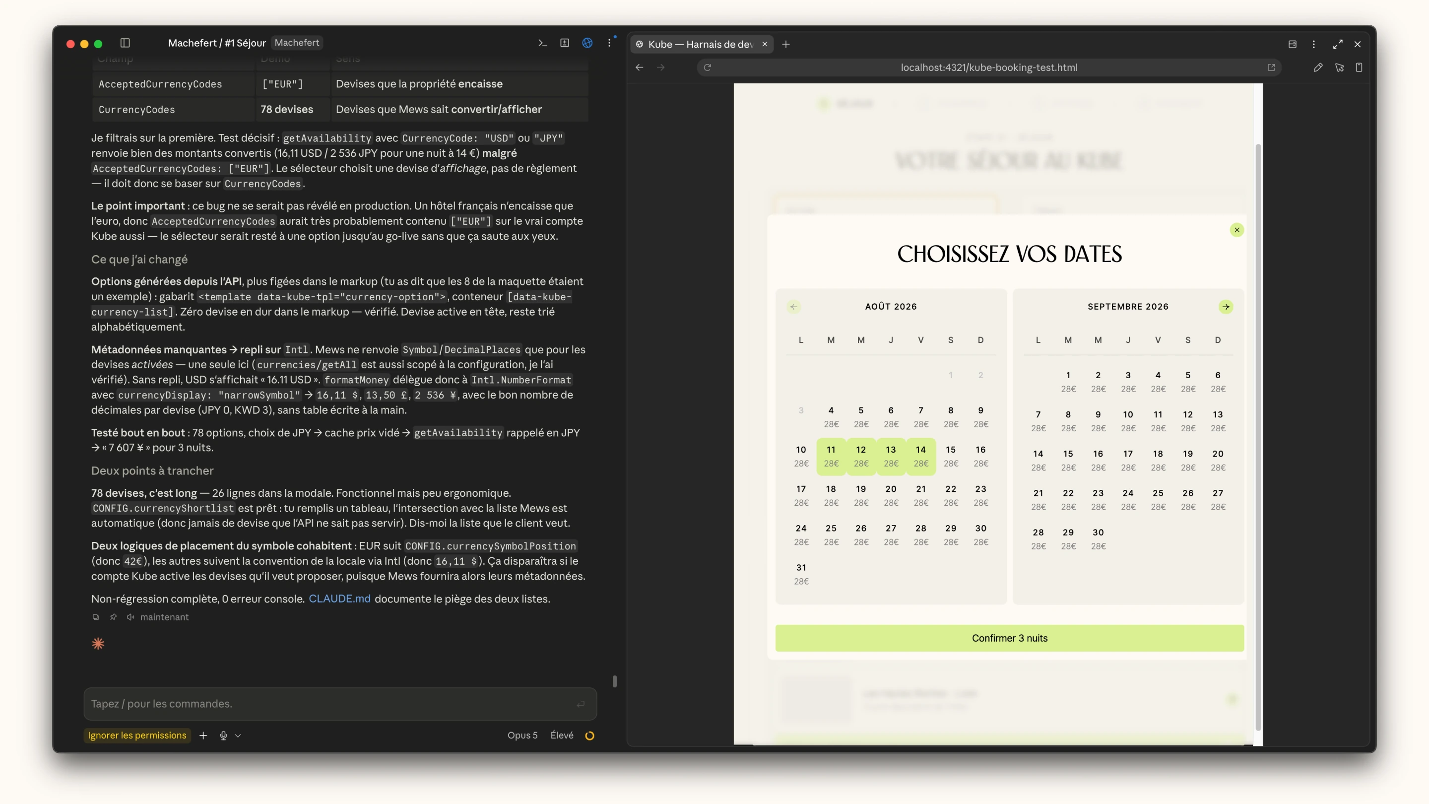 Kube Saint-Tropez booking calendar tested locally in Claude Code, with a 3-night selection and per-date rates displayed.