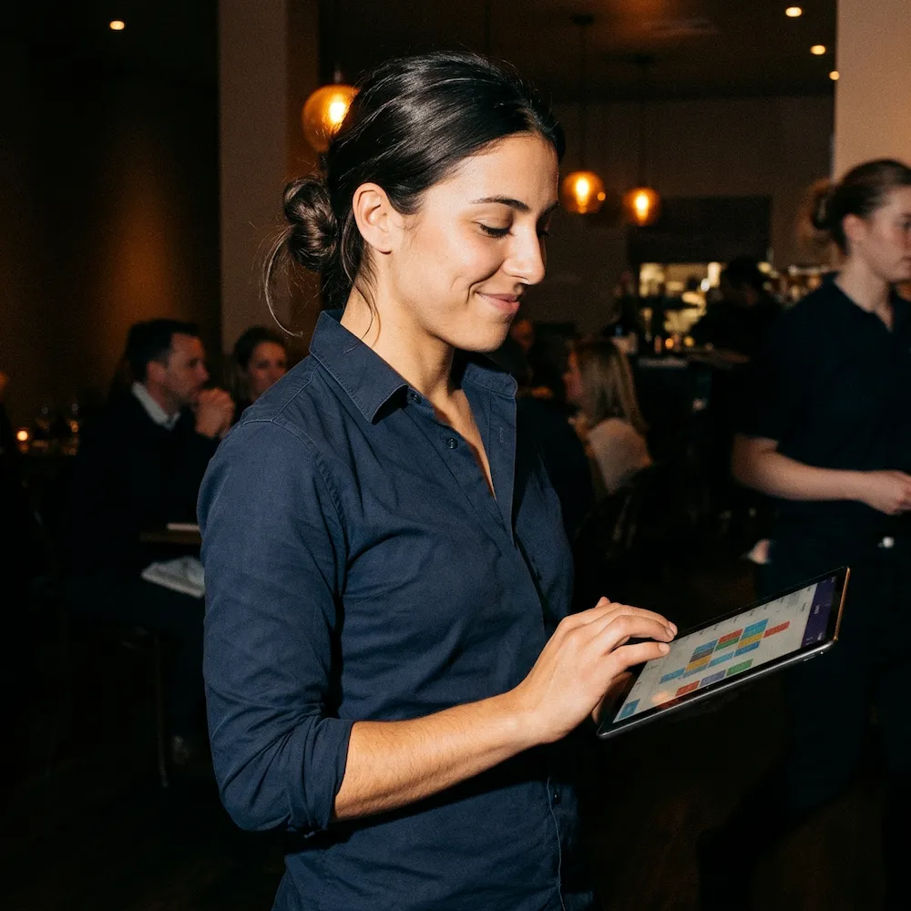 Employée de restaurant consultant une tablette numérique dans une salle de restauration moderne, se préparant à accueillir ou servir des clients.