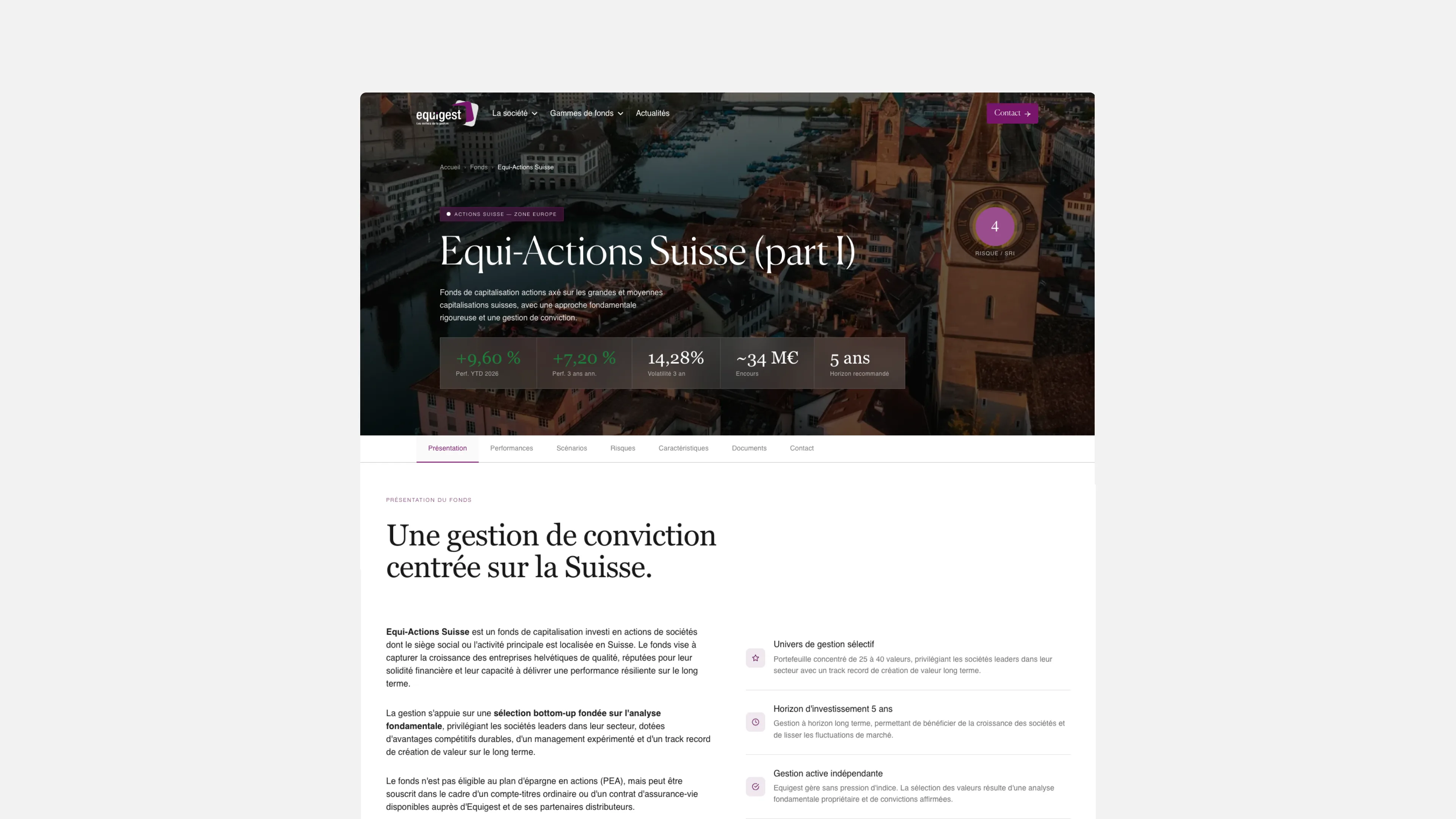 Page d’un fonds Equigest présentant sa stratégie, ses performances et ses indicateurs de risque