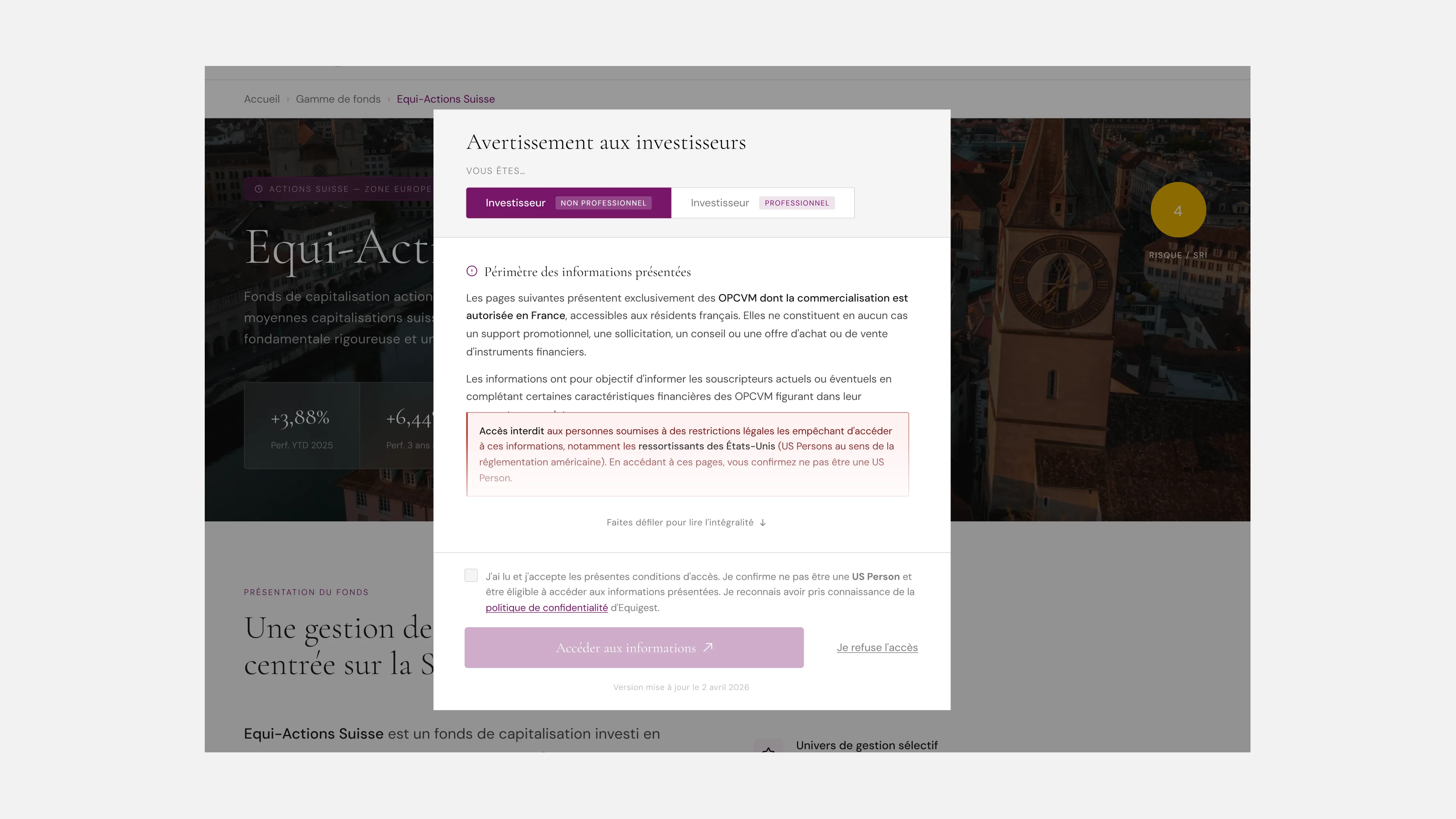 Disclaimer réglementaire Equigest permettant de qualifier les investisseurs professionnels et non professionnels