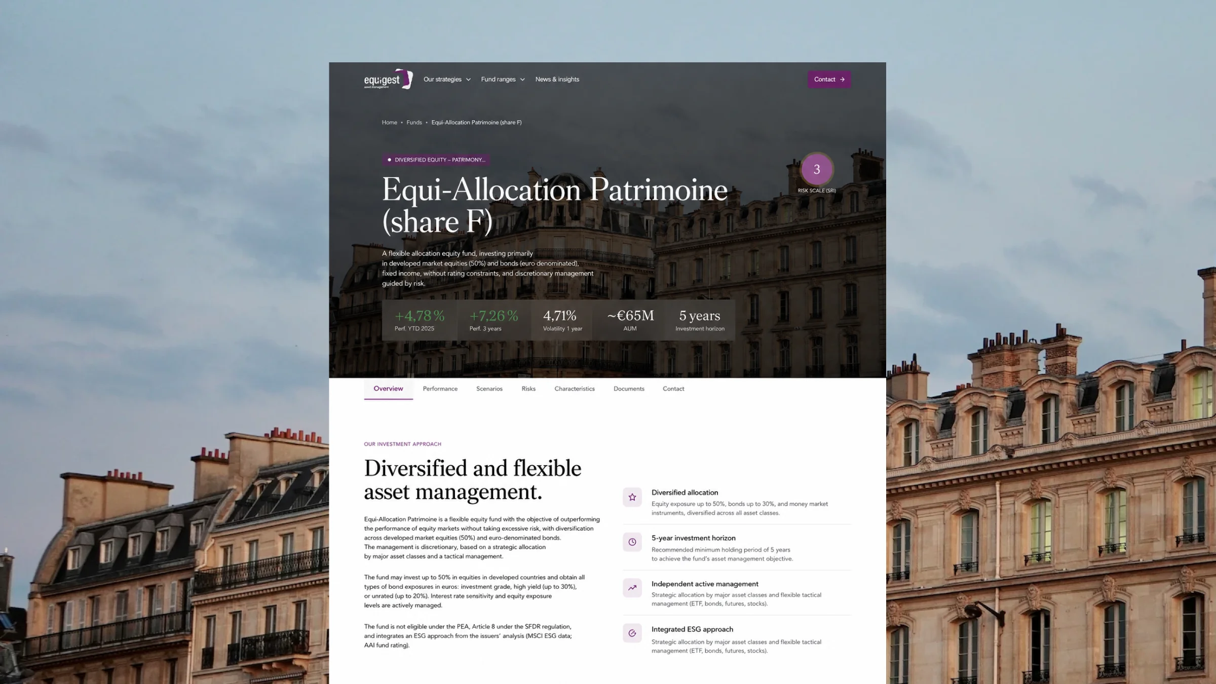 Equigest asset management fund page presenting Equi-Allocation Patrimoine, its performance, risk level and investment strategy.