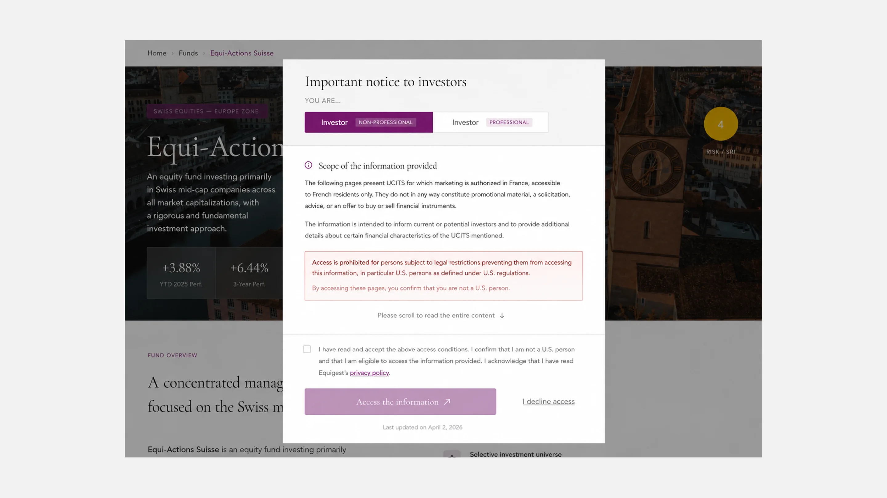 Investor access disclaimer on an asset management company’s fund page, distinguishing professional and non-professional investors.