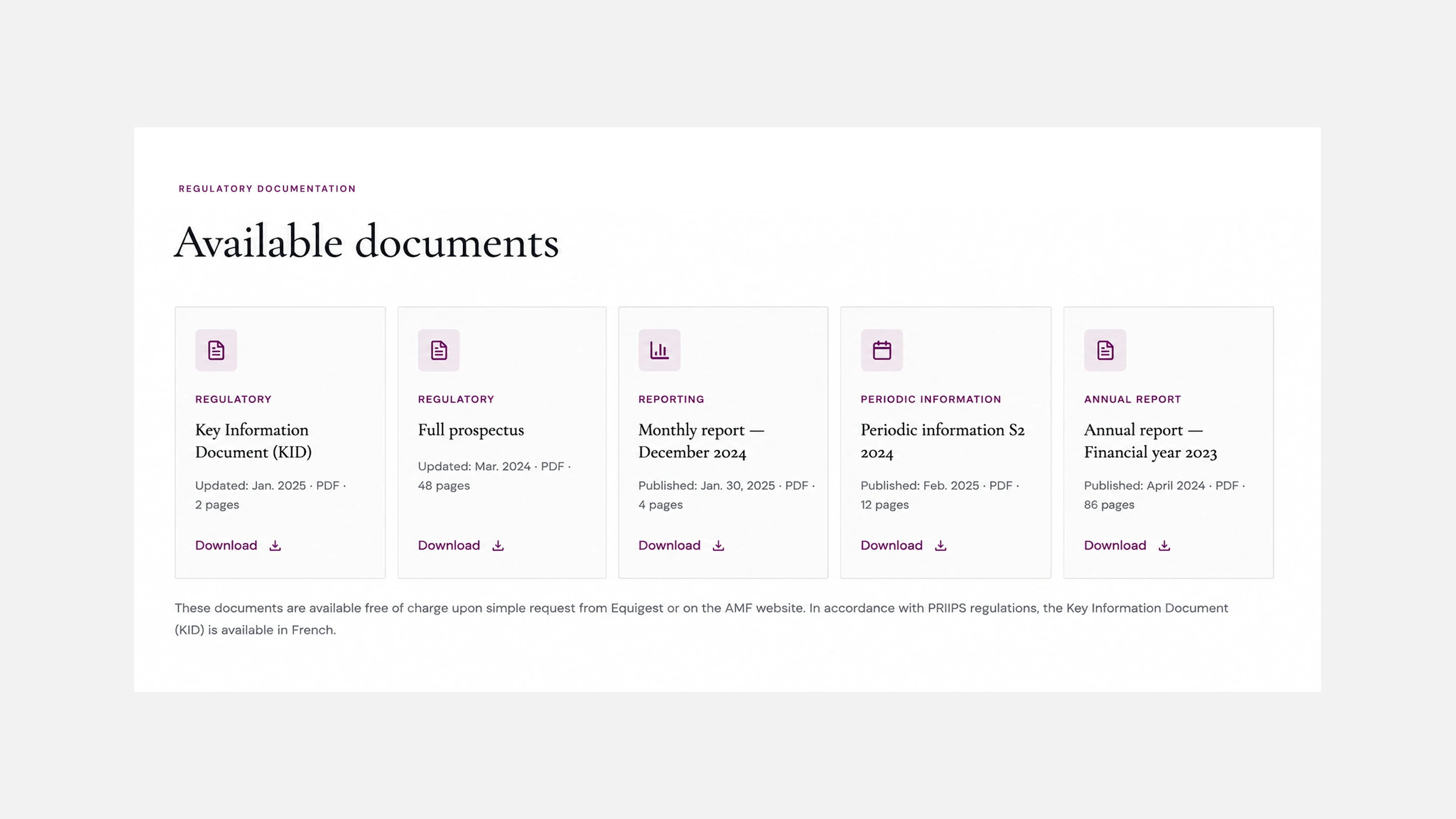 Asset management fund page displaying available regulatory documents, including the KID, prospectus, monthly reporting, and periodic and annual reports.