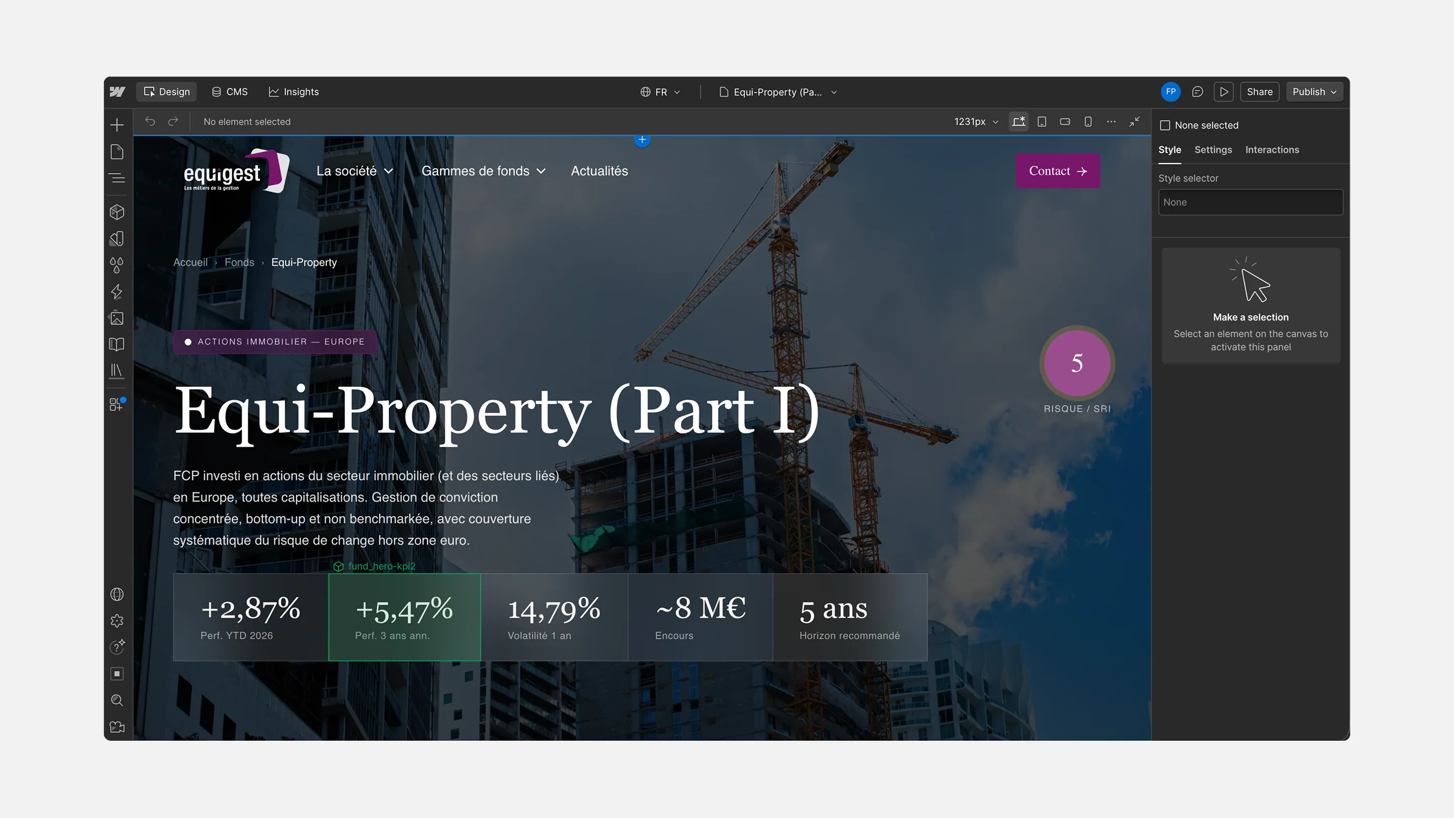 Webflow CMS interface displaying an asset management fund page with performance and financial data